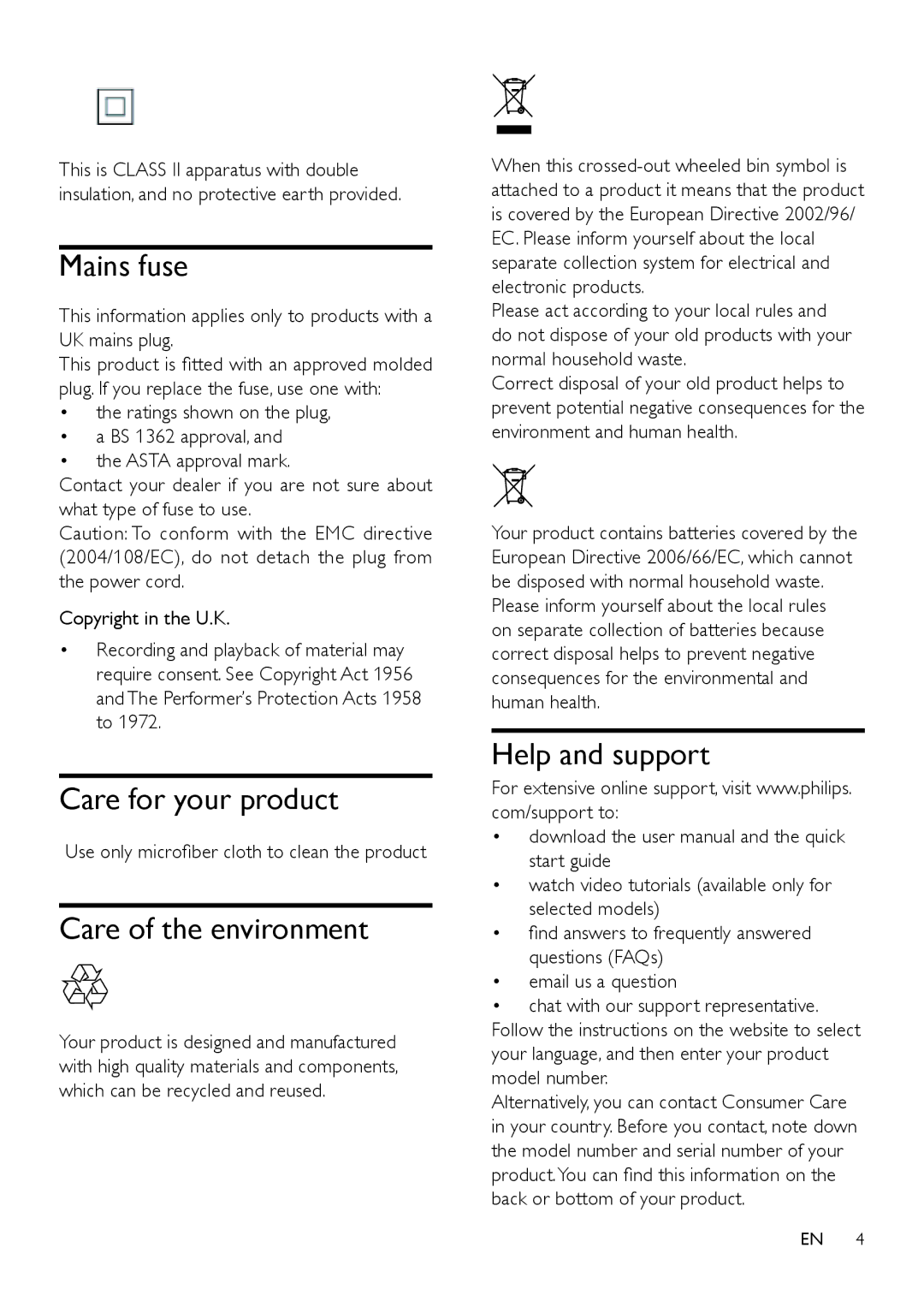 Philips HTL2100T HTL2100W, HTL2100B, HTL2100C Mains fuse, Care for your product, Care of the environment, Help and support 