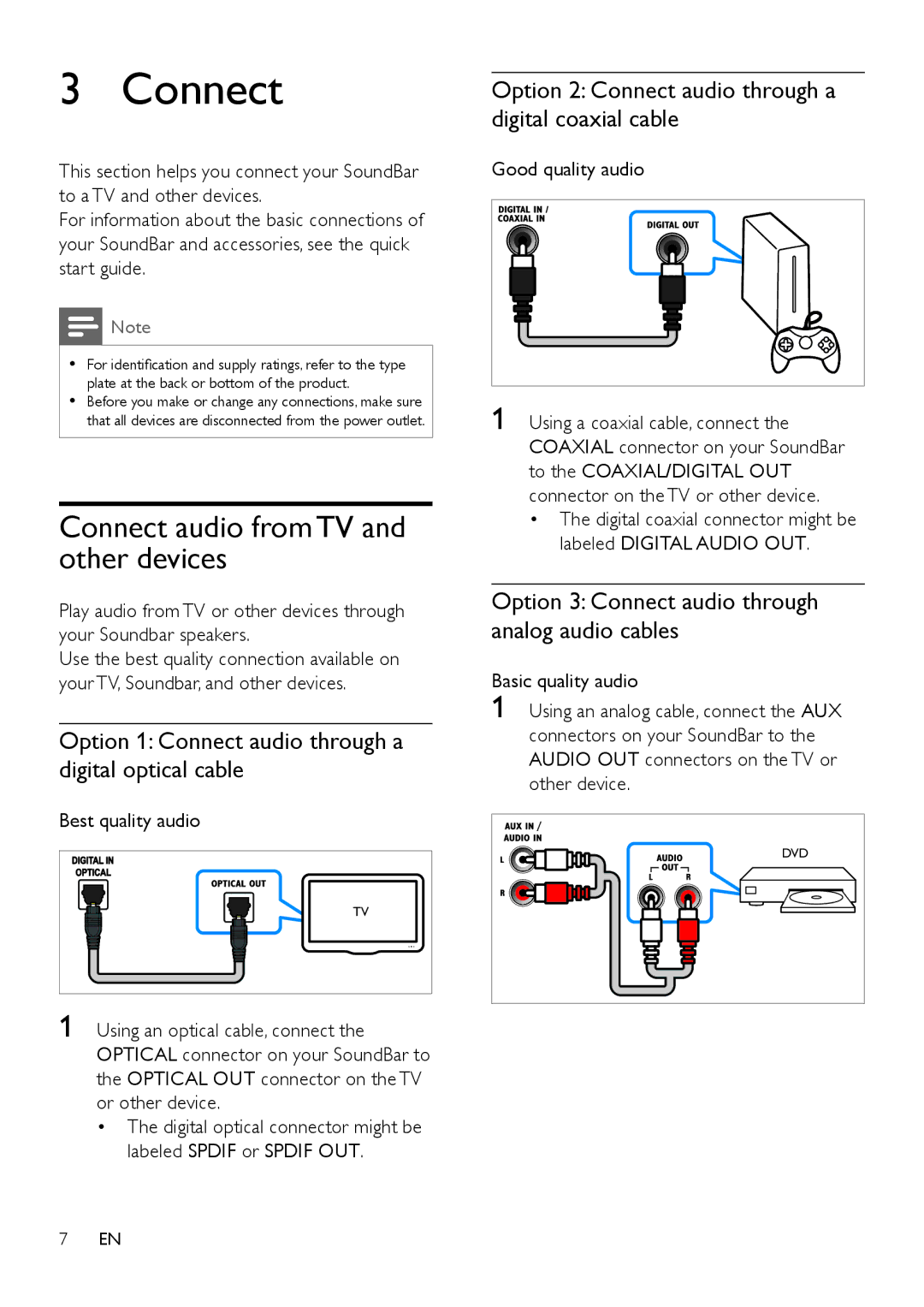 Philips HTL2100C Connect audio from TV and other devices, Option 1 Connect audio through a digital optical cable 