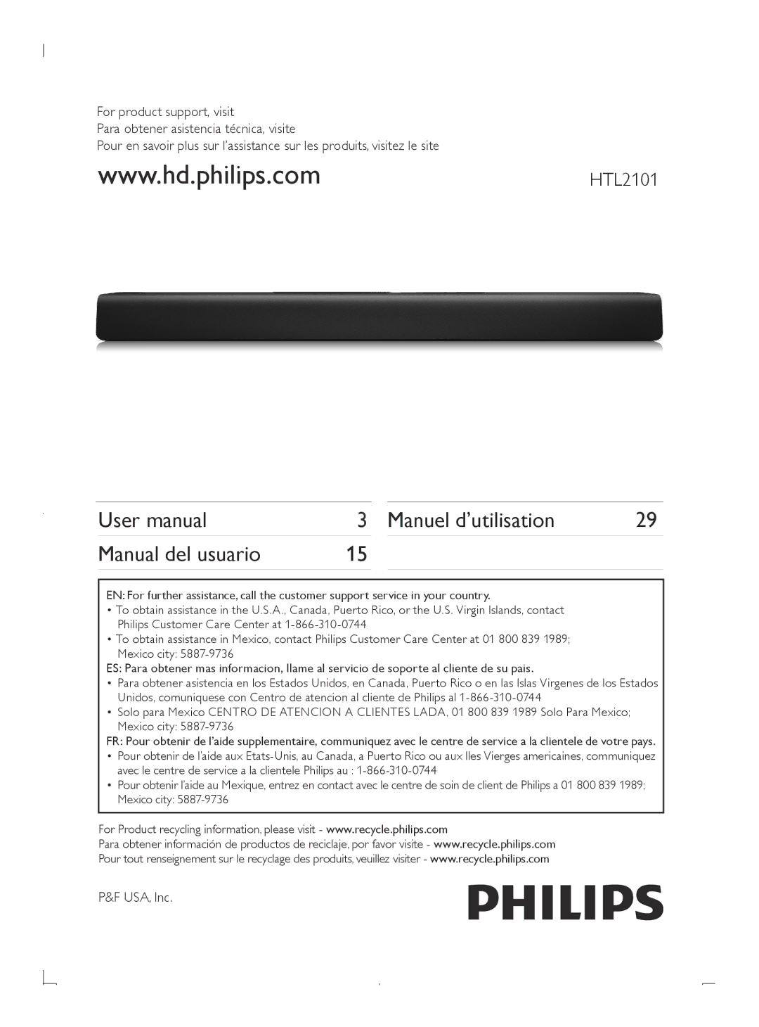 Philips HTL2101 manuel dutilisation Manuel d’utilisation Manual del usuario, USA, Inc 