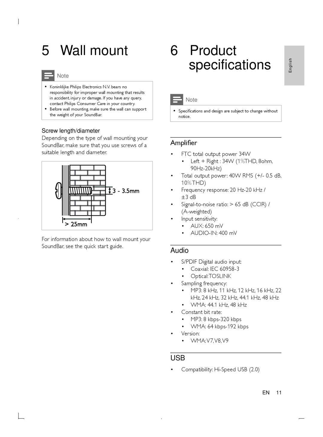 Philips HTL2101 manuel dutilisation Wall mount, Product Specifications, Amplifier, Audio 