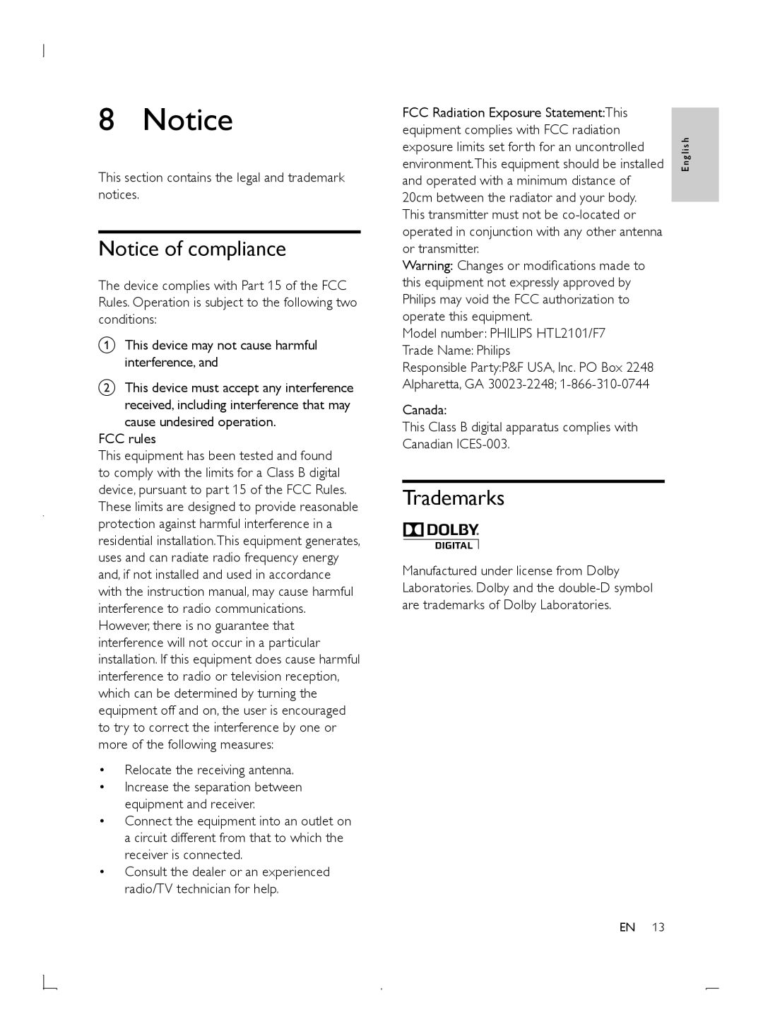 Philips HTL2101 manuel dutilisation Trademarks, FCC rules Relocate the receiving antenna, Canada, Canadian ICES-003 