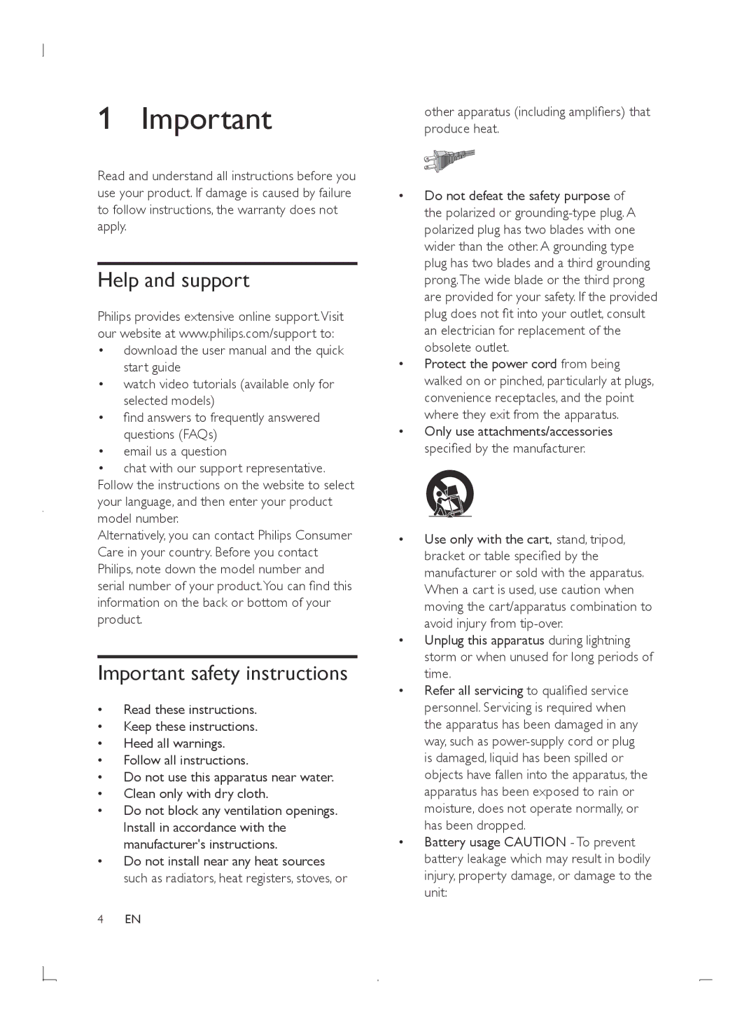 Philips HTL2101 manuel dutilisation Help and support, Important safety instructions 