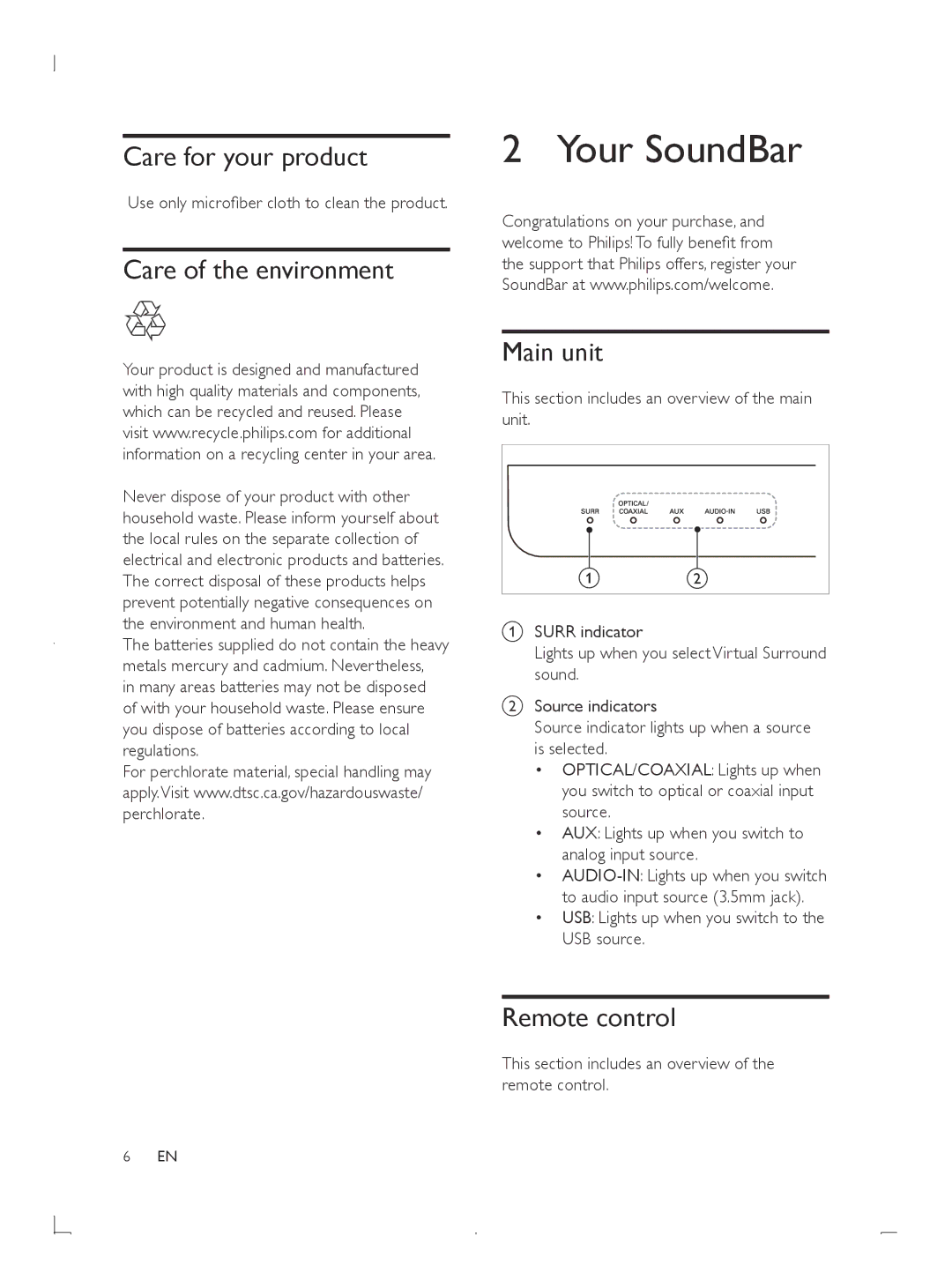 Philips HTL2101 Your SoundBar, Care for your product, Care of the environment, Main unit, Remote control 