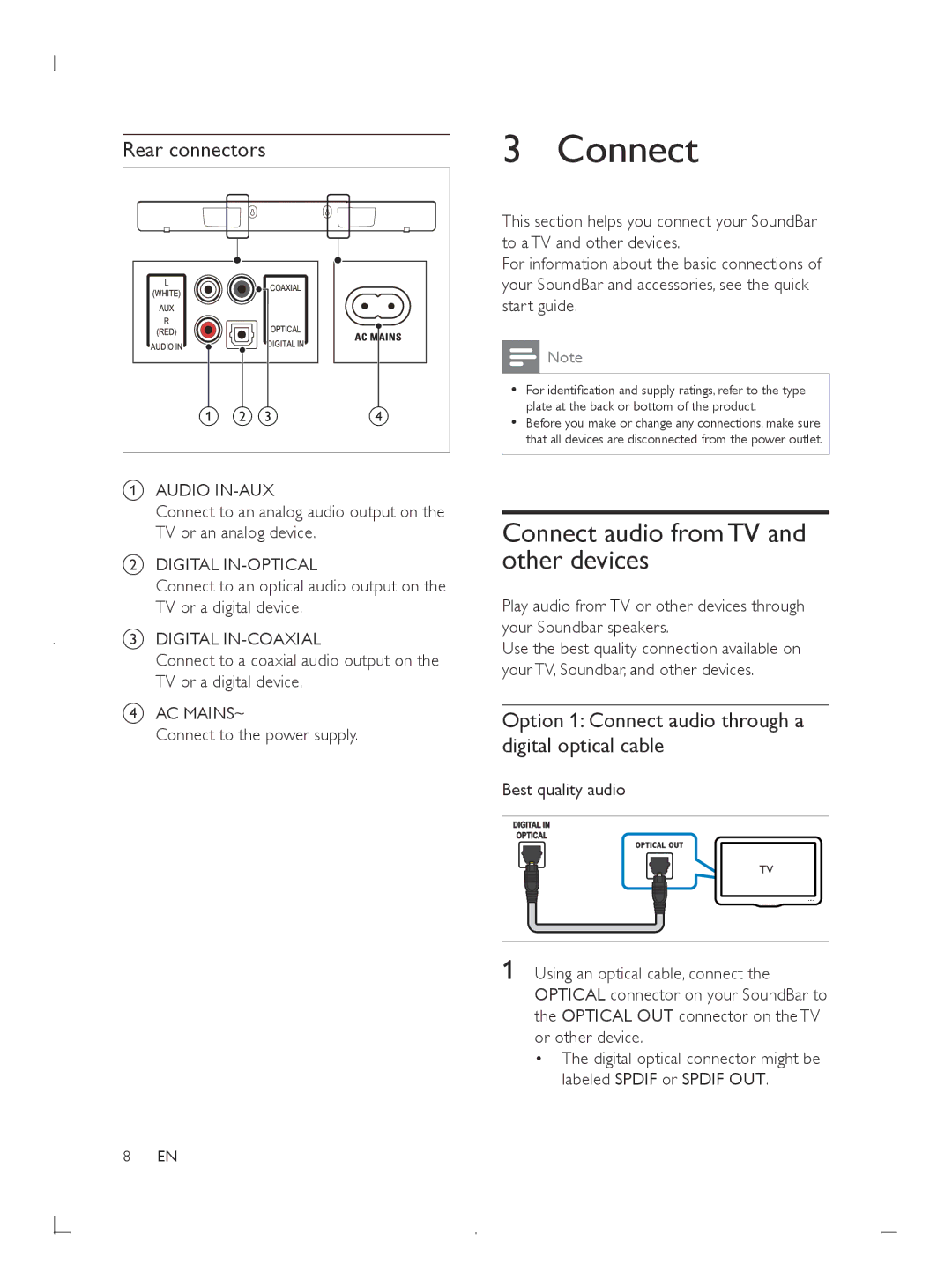 Philips HTL2101 Connect audio from TV and other devices, Rear connectors, Connect to the power supply 