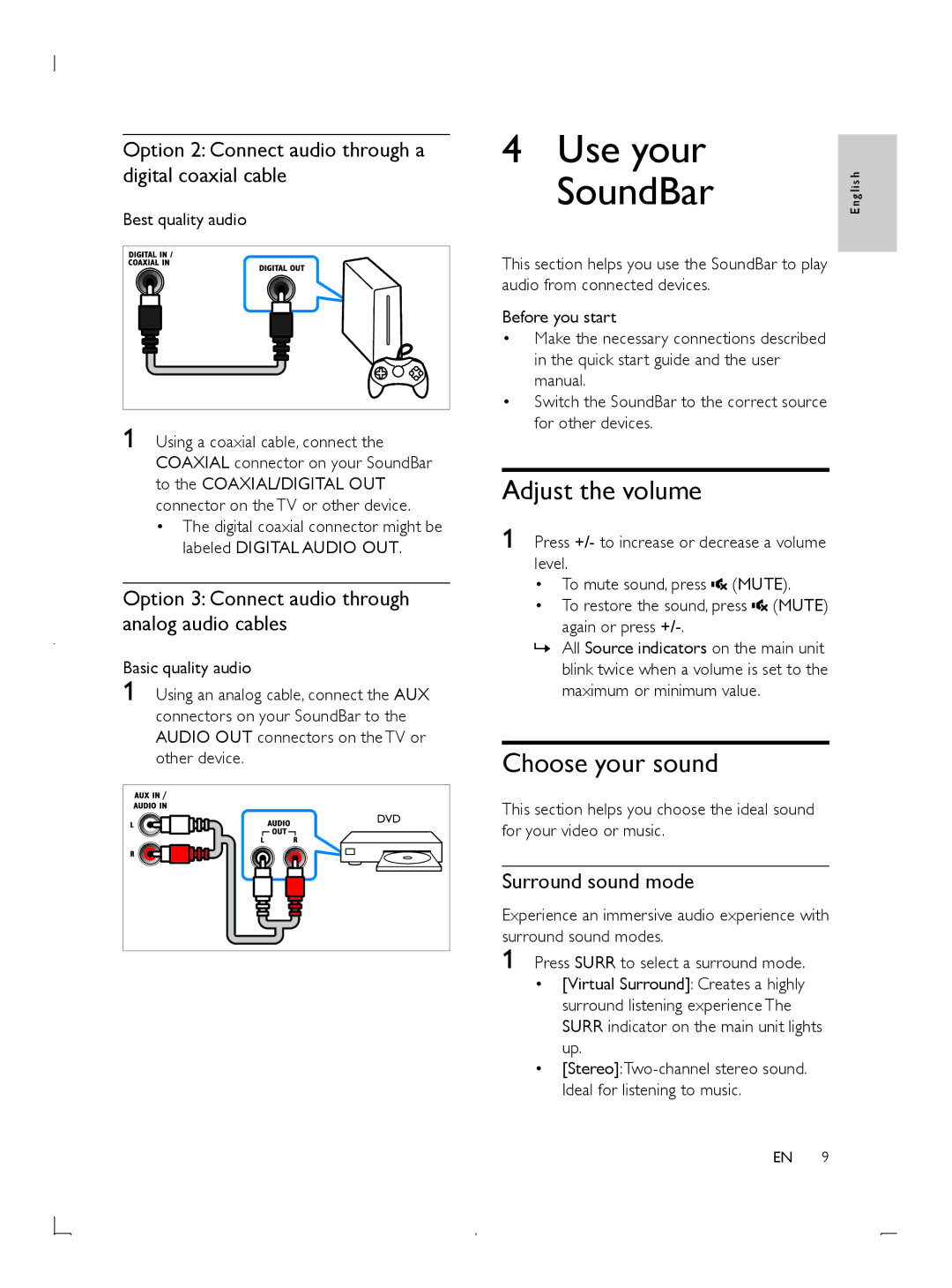 Philips HTL2101 manuel dutilisation Use your SoundBar, Adjust the volume, Choose your sound 