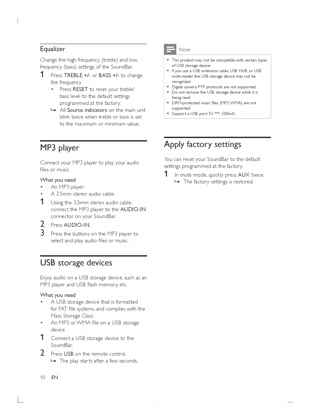 Philips HTL2101 manuel dutilisation MP3 player, USB storage devices, Apply factory settings, Equalizer, Press AUDIO-IN 