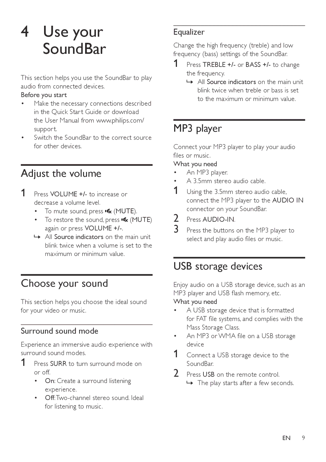 Philips HTL2111A user manual Adjust the volume, Choose your sound, MP3 player, USB storage devices 