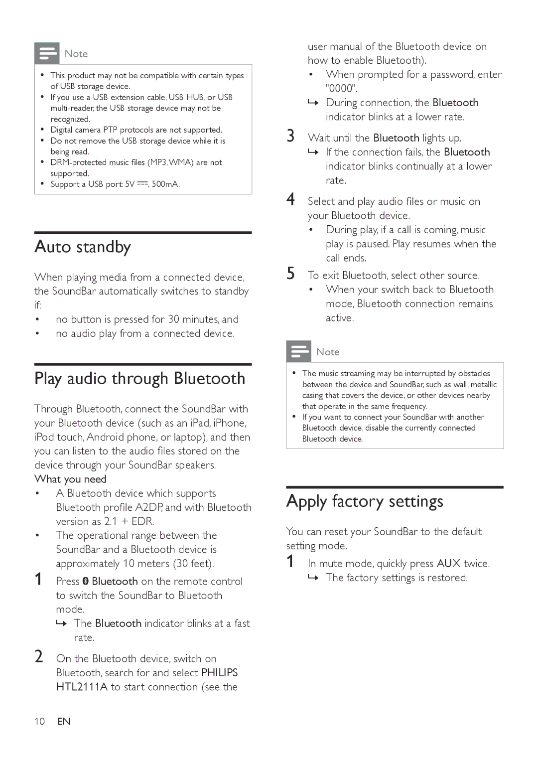 Philips HTL2111A user manual Auto standby, Play audio through Bluetooth, Apply factory settings 