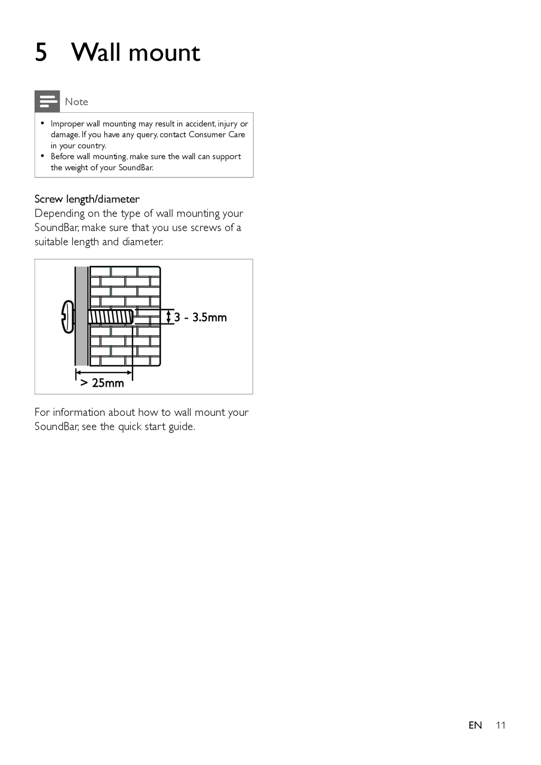 Philips HTL2111A user manual Wall mount, Screw length/diameter 