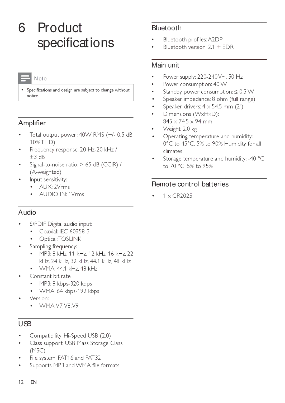 Philips HTL2111A user manual Amplifier, Audio, Bluetooth, Main unit, Remote control batteries 