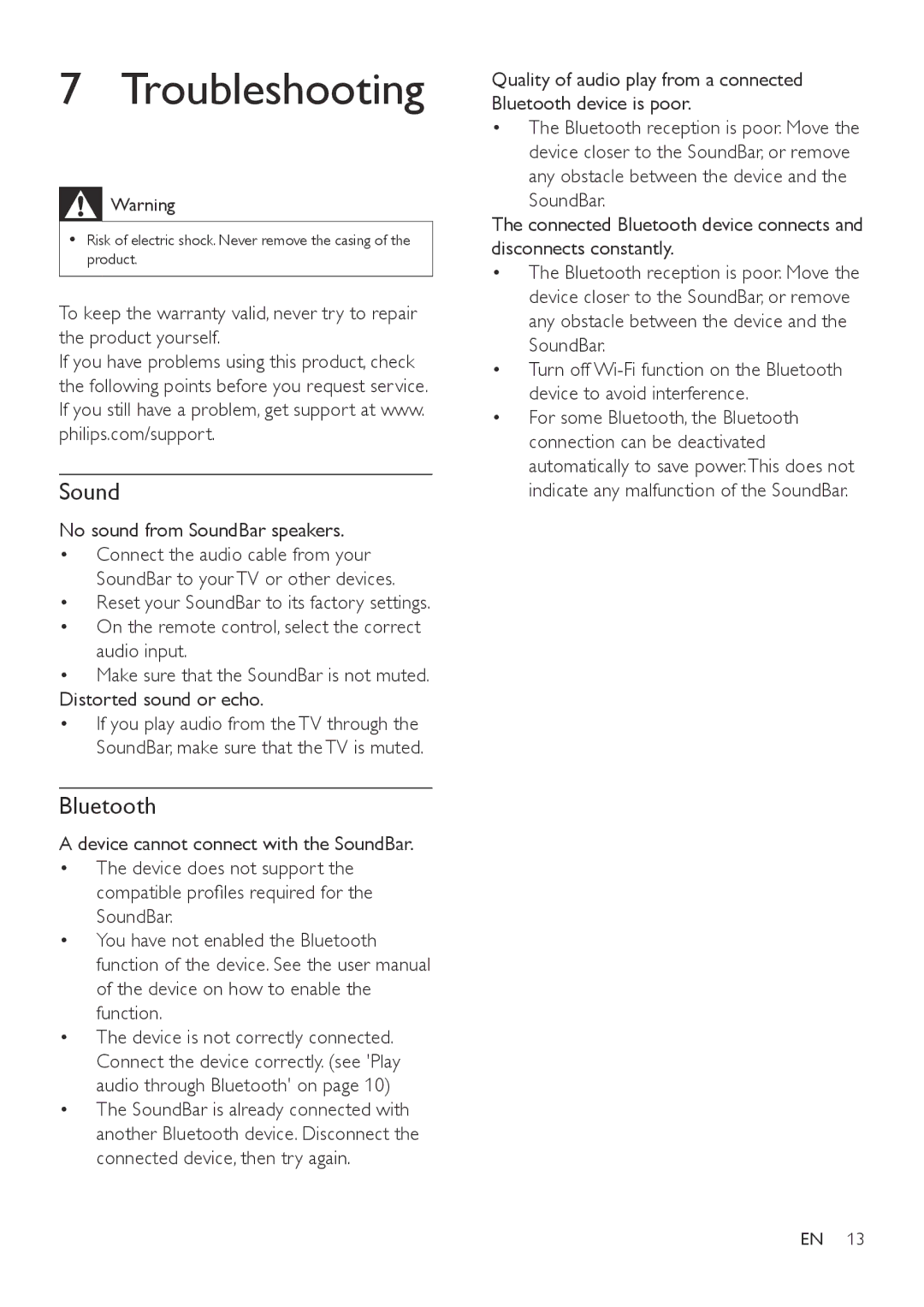 Philips HTL2111A user manual Troubleshooting, No sound from SoundBar speakers, Device cannot connect with the SoundBar 