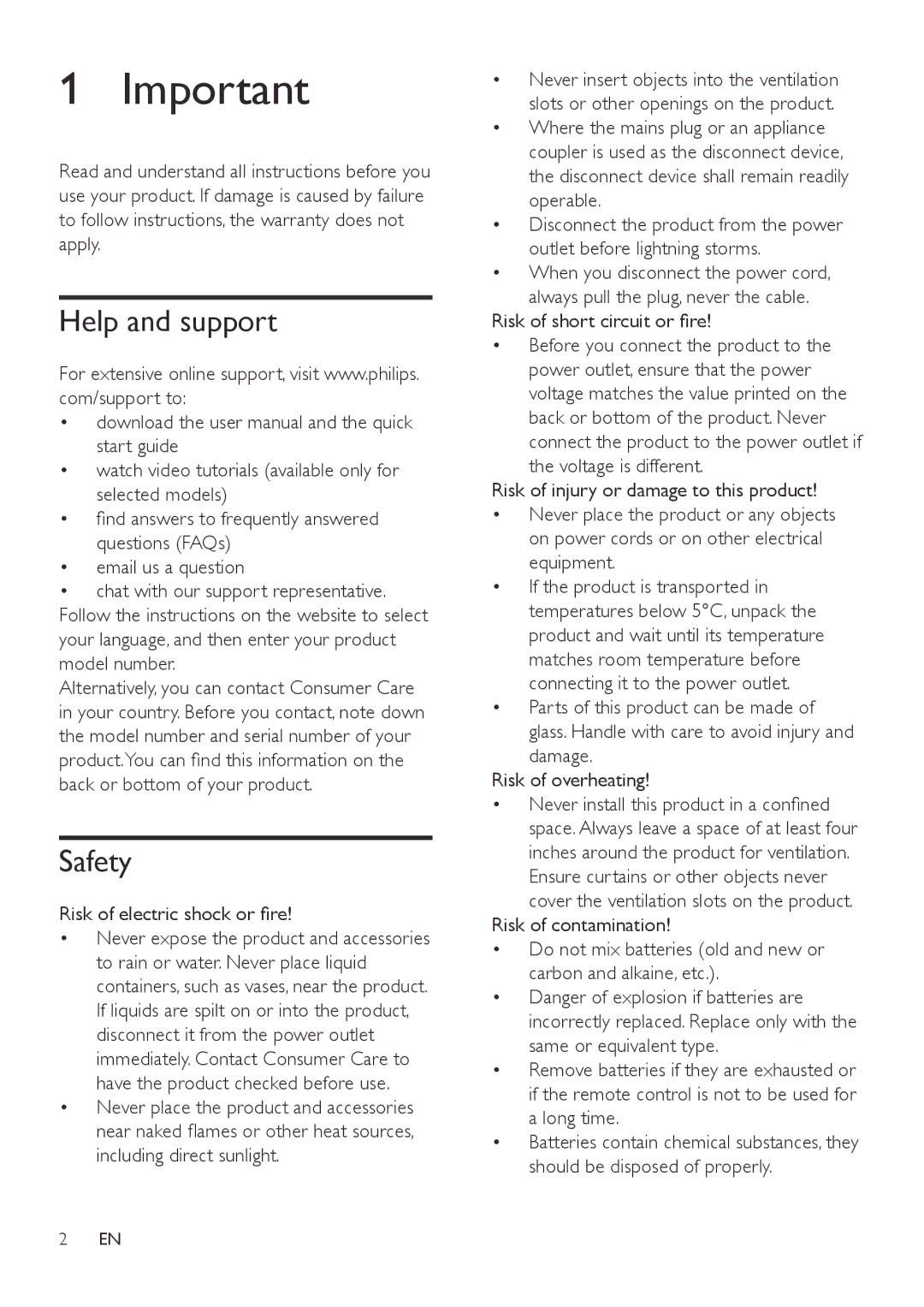 Philips HTL2111A user manual Help and support, Safety, Risk of electric shock or fire, Damage Risk of overheating 