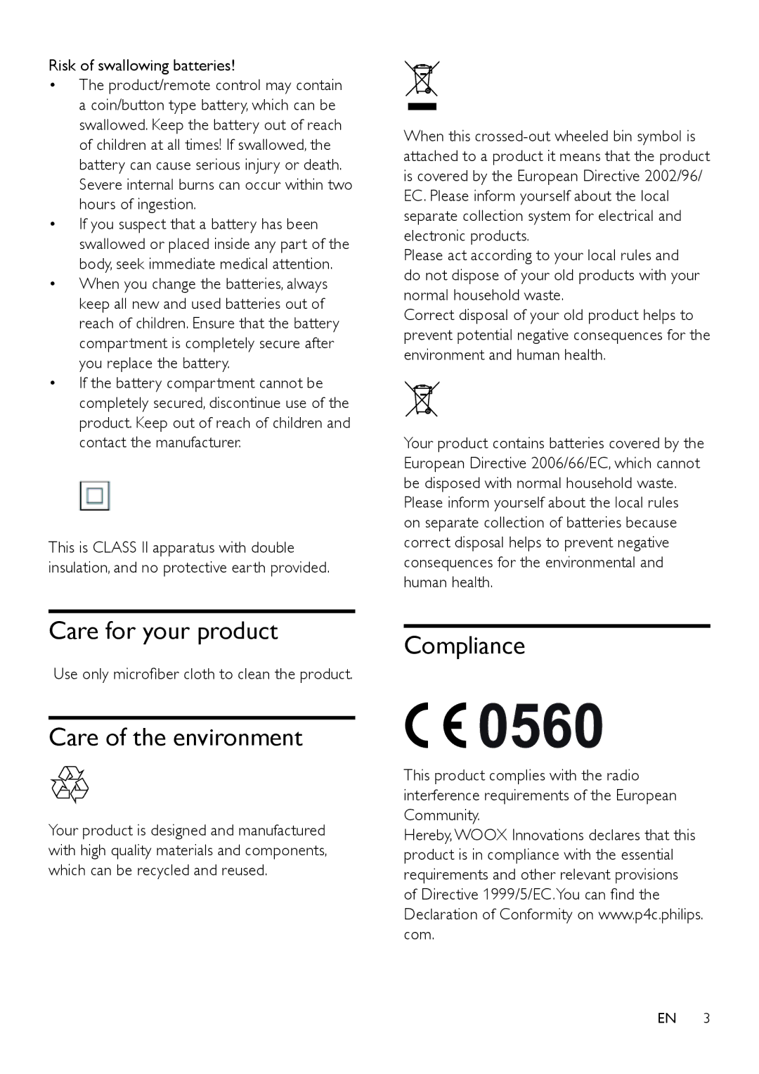 Philips HTL2111A user manual Care for your product, Care of the environment, Compliance, Risk of swallowing batteries 