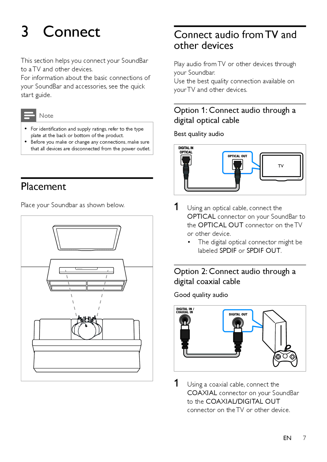 Philips HTL2111A user manual Placement, Connect audio from TV and other devices 