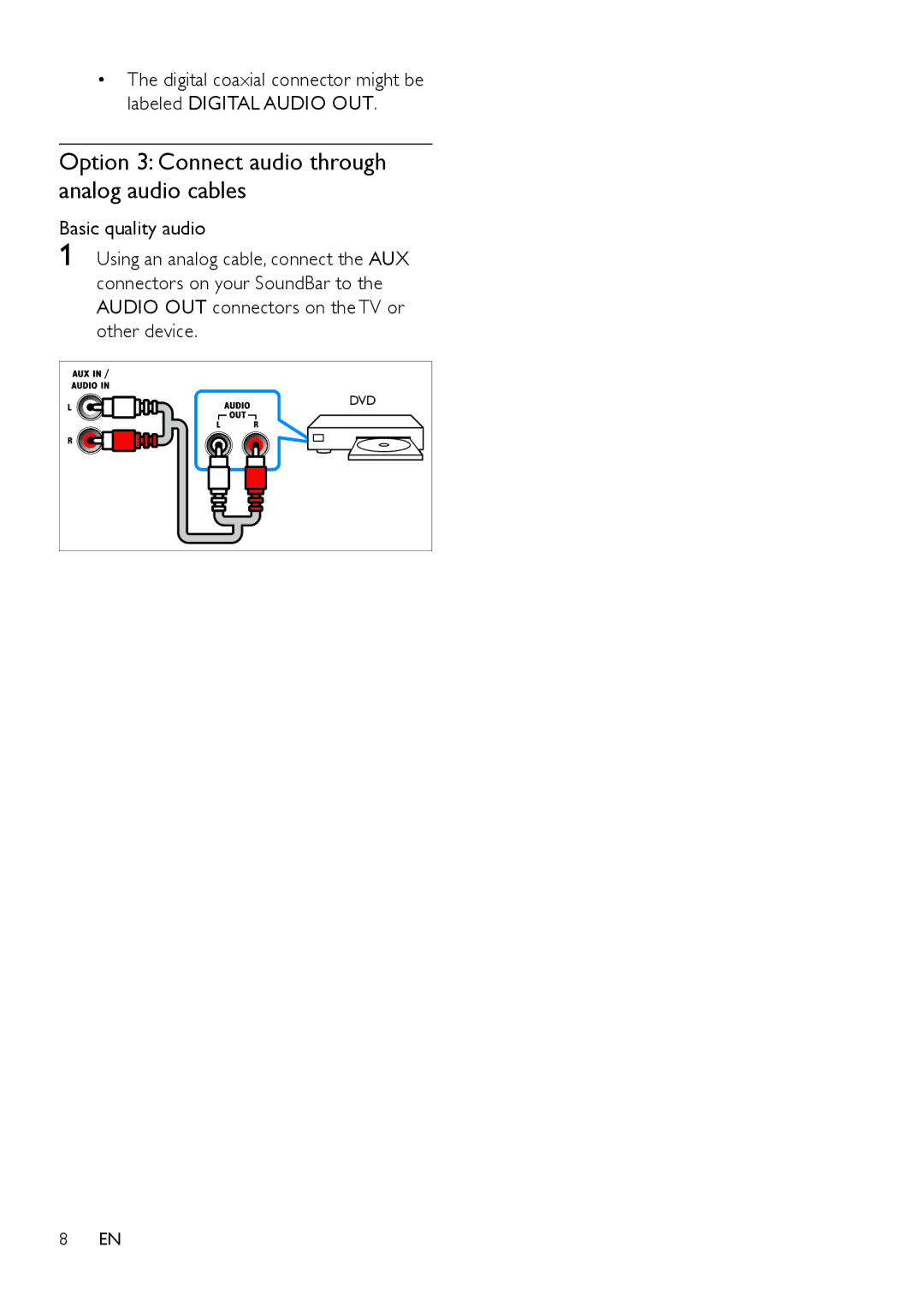 Philips HTL2111A user manual Option 3 Connect audio through analog audio cables 