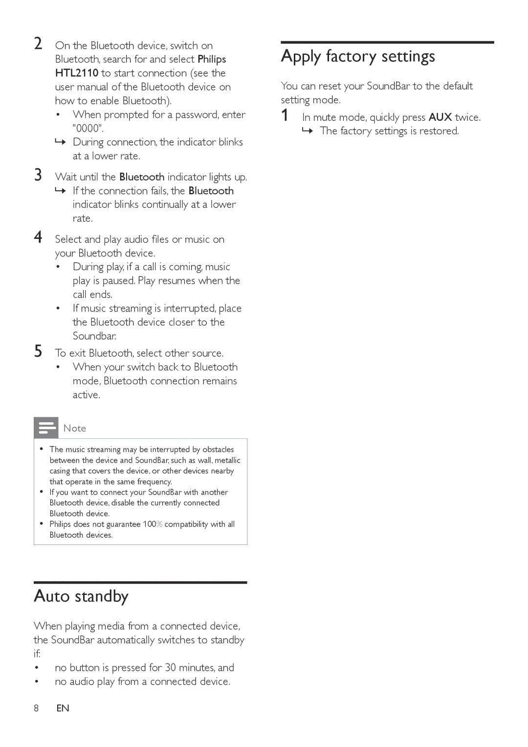 Philips HTL2112, HTL2110 user manual Auto standby, Apply factory settings 