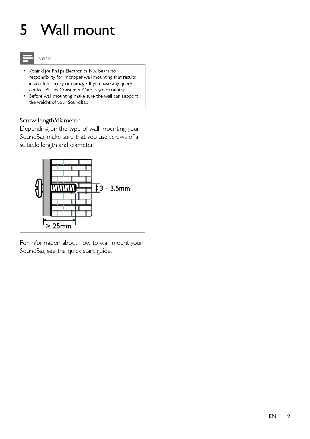 Philips HTL2110, HTL2112 user manual Wall mount, Screw length/diameter 