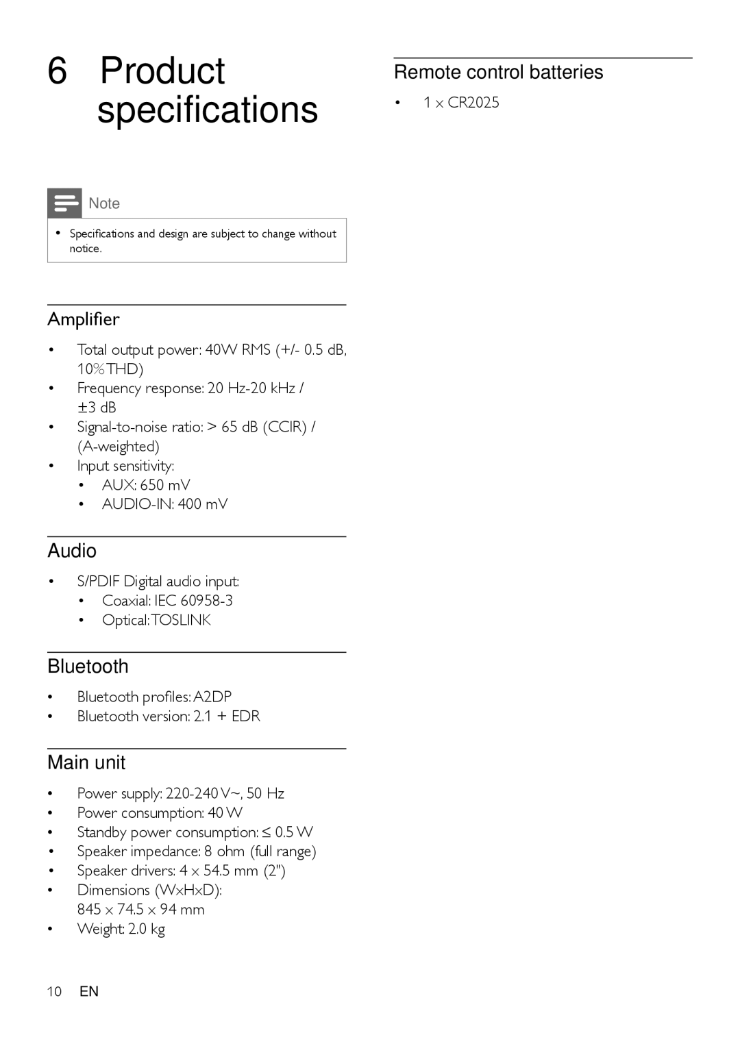 Philips HTL2112, HTL2110 user manual Amplifier, Audio, Bluetooth, Main unit, Remote control batteries 