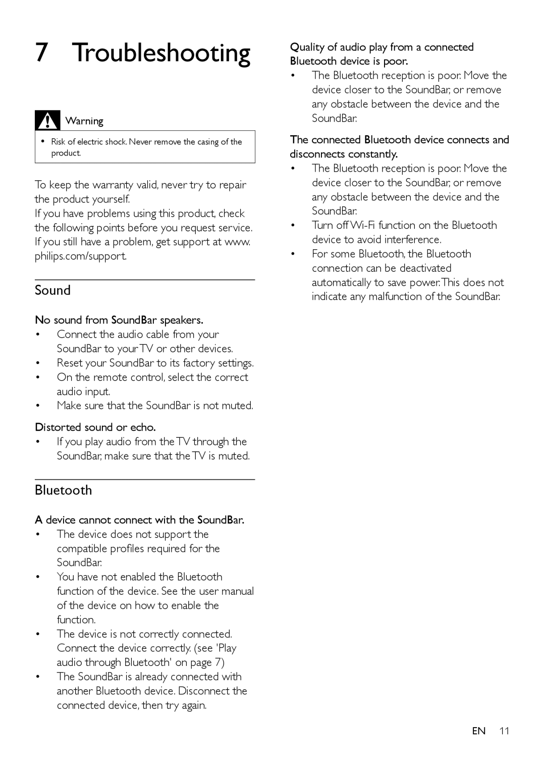 Philips HTL2110, HTL2112 Troubleshooting, No sound from SoundBar speakers, Device cannot connect with the SoundBar 