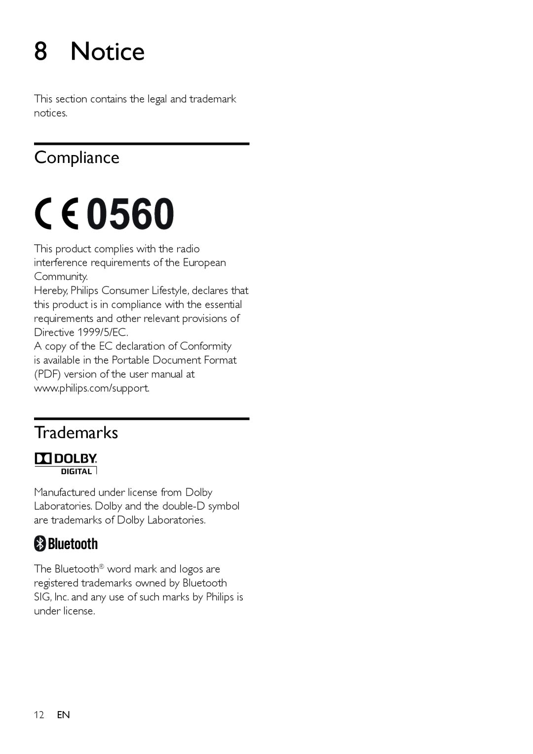 Philips HTL2112, HTL2110 user manual Compliance, Trademarks, This section contains the legal and trademark notices 