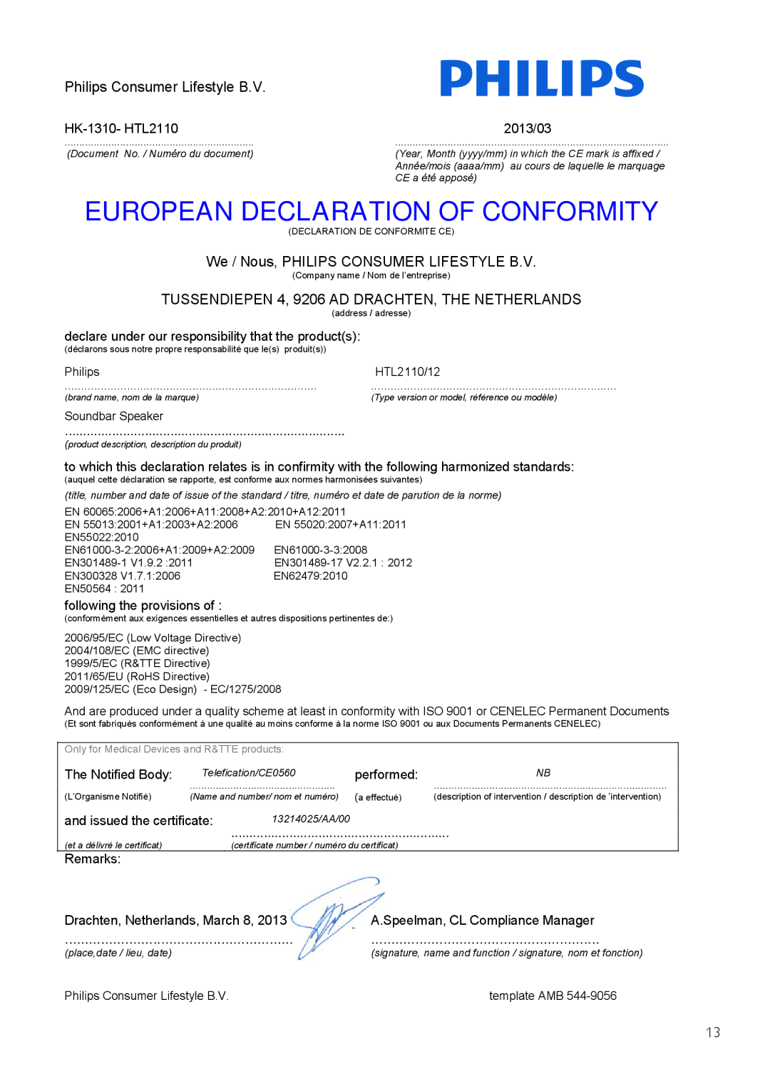 Philips HTL2110, HTL2112 user manual European Declaration of Conformity 