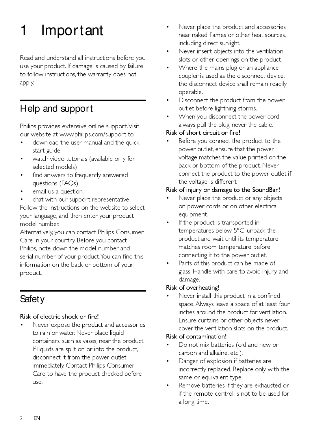 Philips HTL2112, HTL2110 user manual Help and support, Safety, Risk of electric shock or fire 