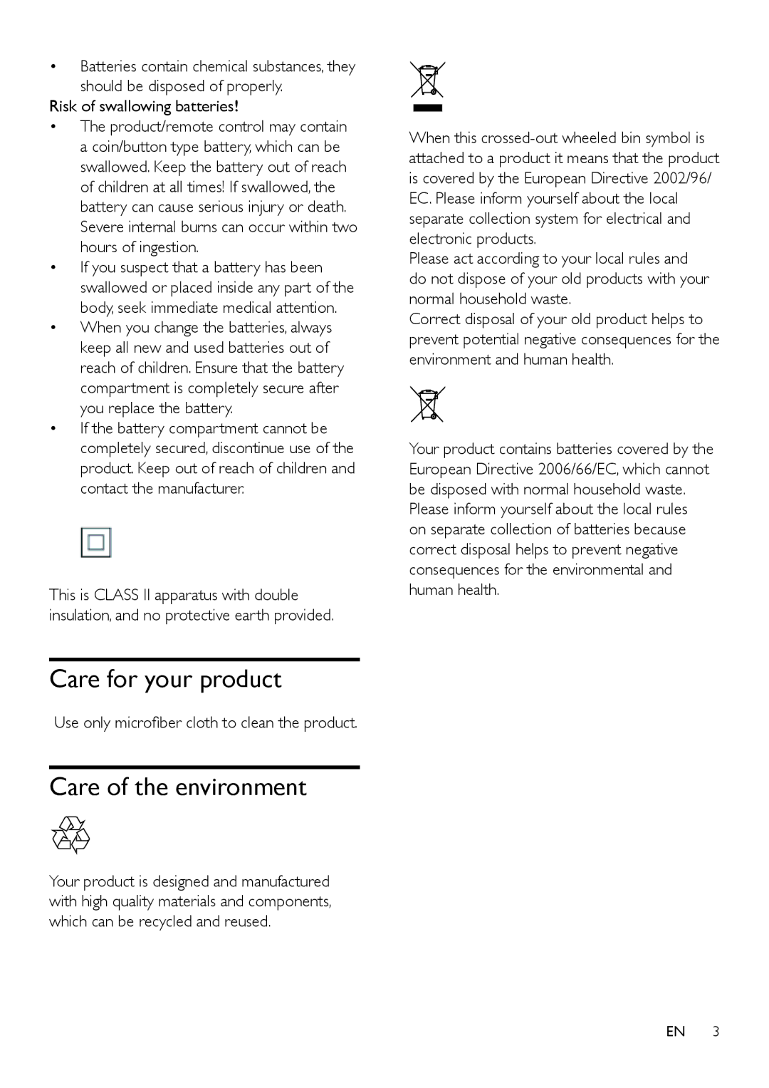 Philips HTL2110, HTL2112 user manual Care for your product, Care of the environment, Risk of swallowing batteries 