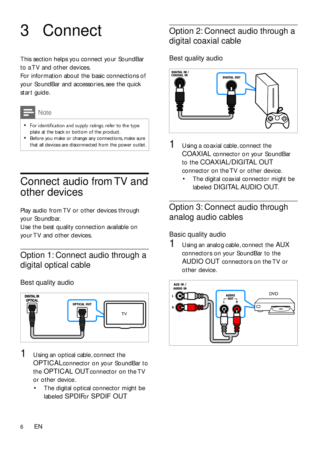 Philips HTL2112 Connect audio from TV and other devices, Option 1 Connect audio through a digital optical cable 