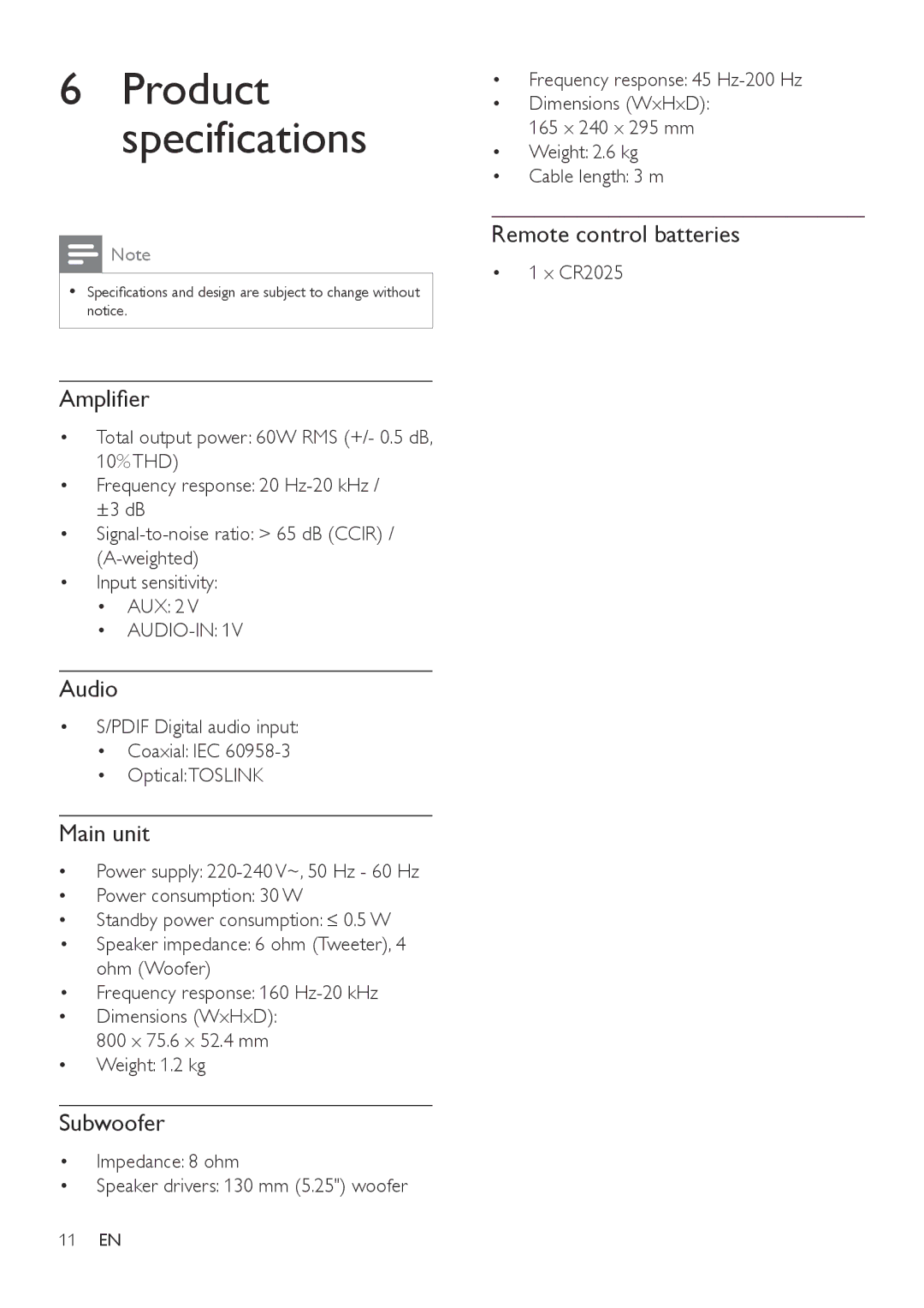 Philips HTL2150 user manual Amplifier, Audio, Main unit, Subwoofer, Remote control batteries 