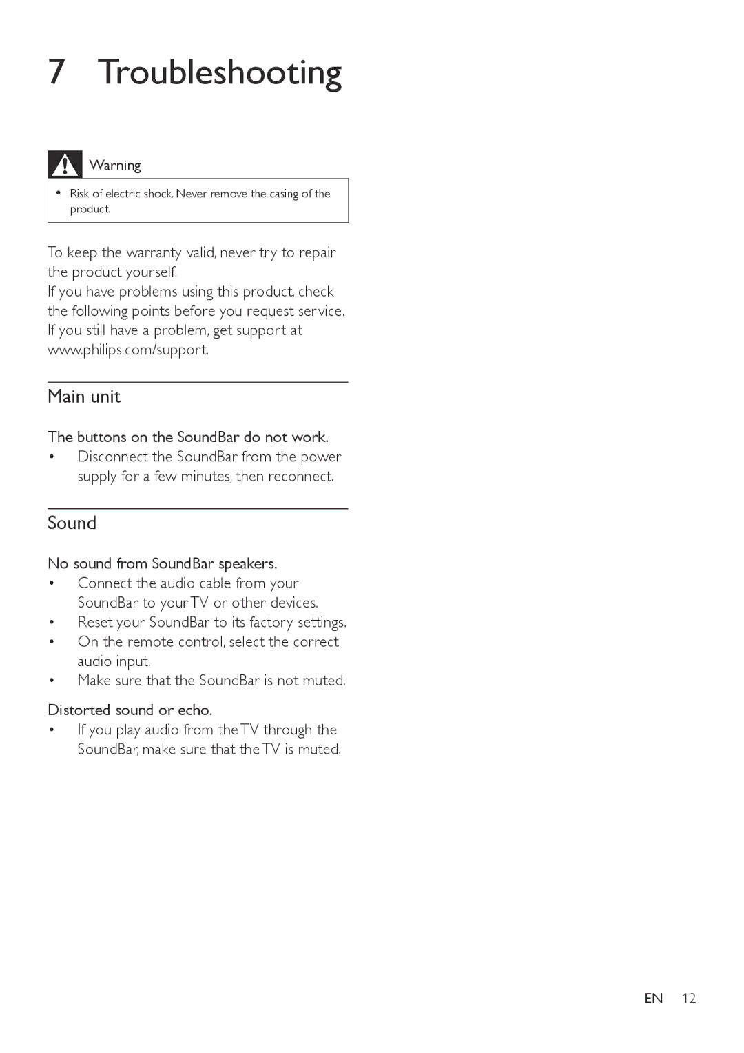 Philips HTL2150 user manual Troubleshooting, Buttons on the SoundBar do not work, No sound from SoundBar speakers 