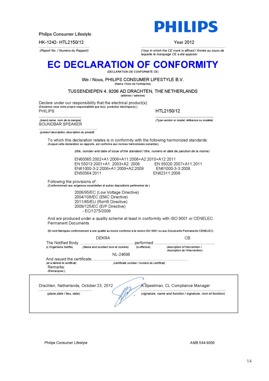 Philips HTL2150 user manual EC Declaration of Conformity 