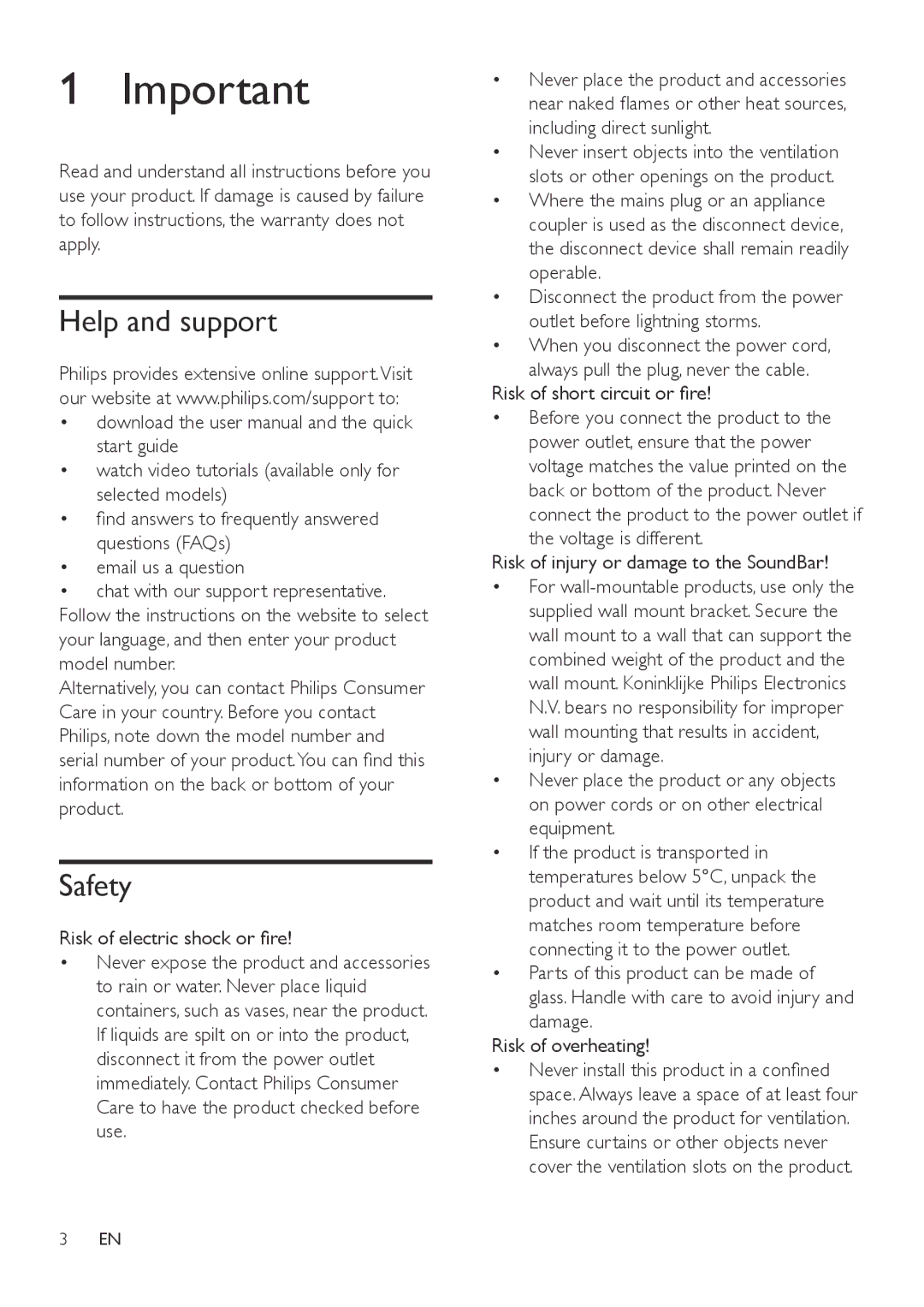 Philips HTL2150 user manual Help and support, Safety, Risk of electric shock or fire 