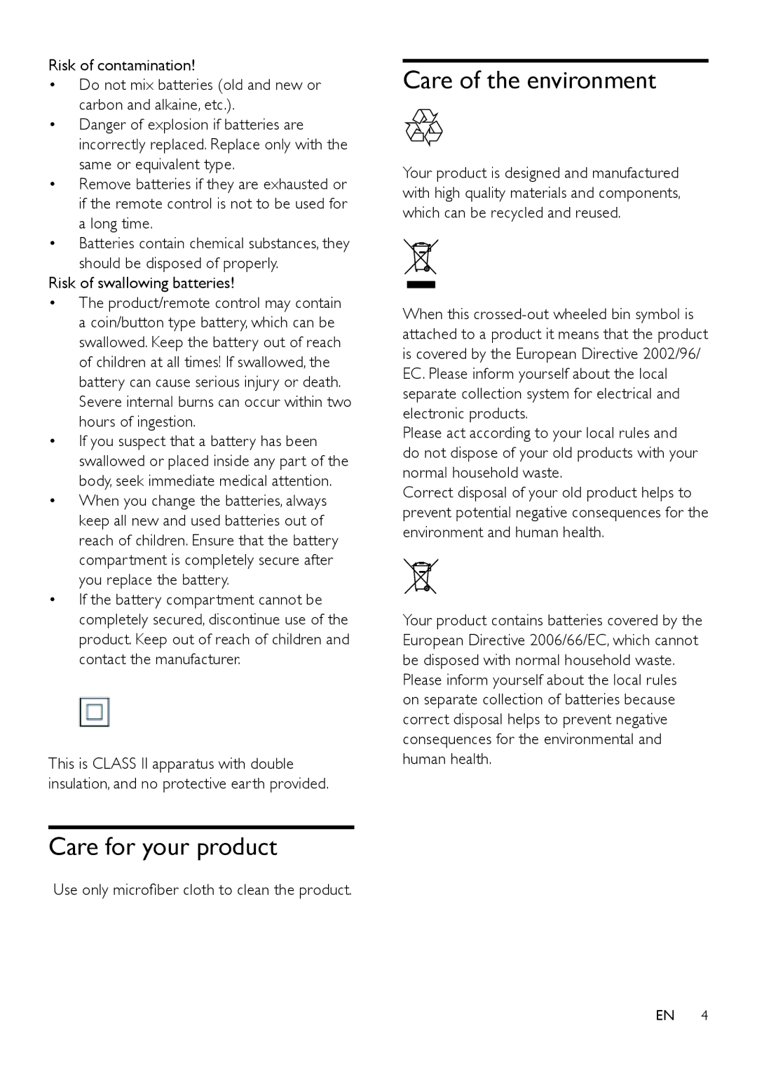 Philips HTL2150 user manual Care for your product, Care of the environment, Risk of swallowing batteries 