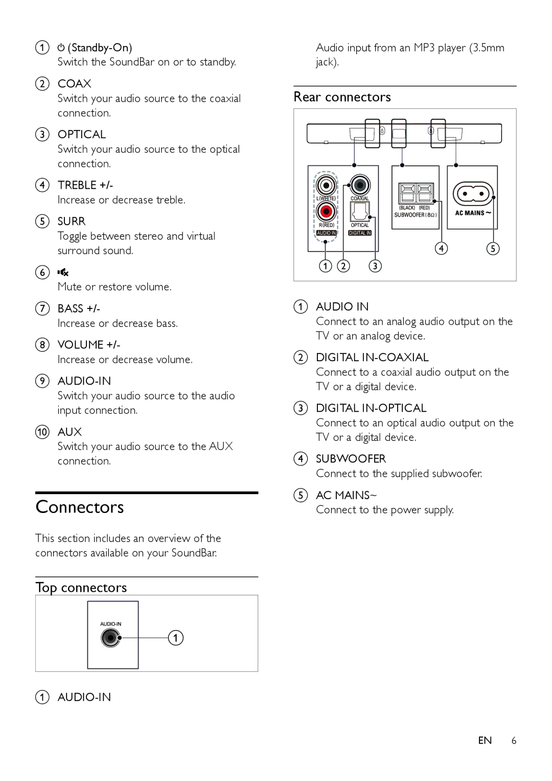 Philips HTL2150 user manual Connectors, Top connectors, Rear connectors 