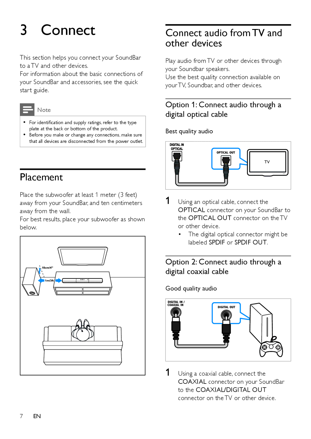 Philips HTL2150 user manual Placement, Connect audio from TV and other devices 