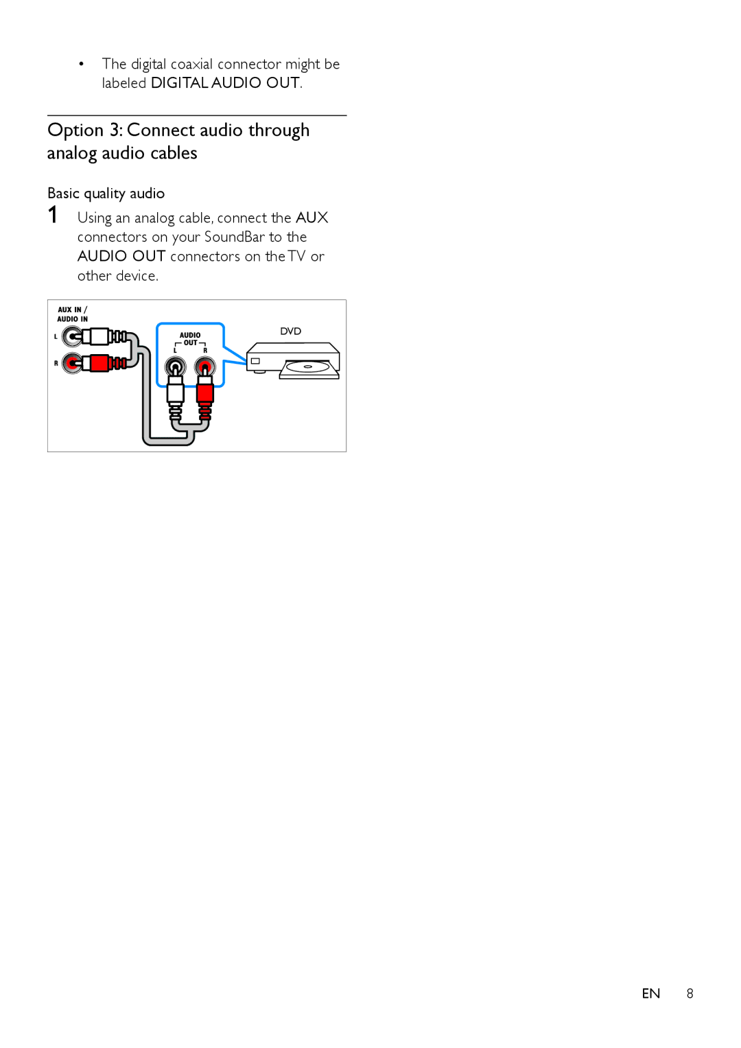 Philips HTL2150 user manual Option 3 Connect audio through analog audio cables 