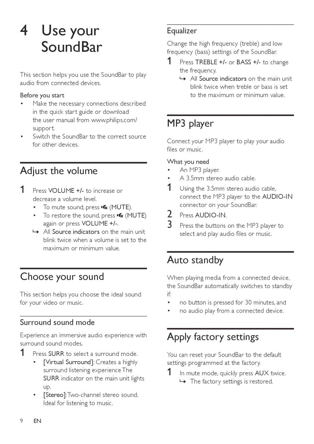 Philips HTL2150 user manual Adjust the volume, Choose your sound, MP3 player, Auto standby, Apply factory settings 