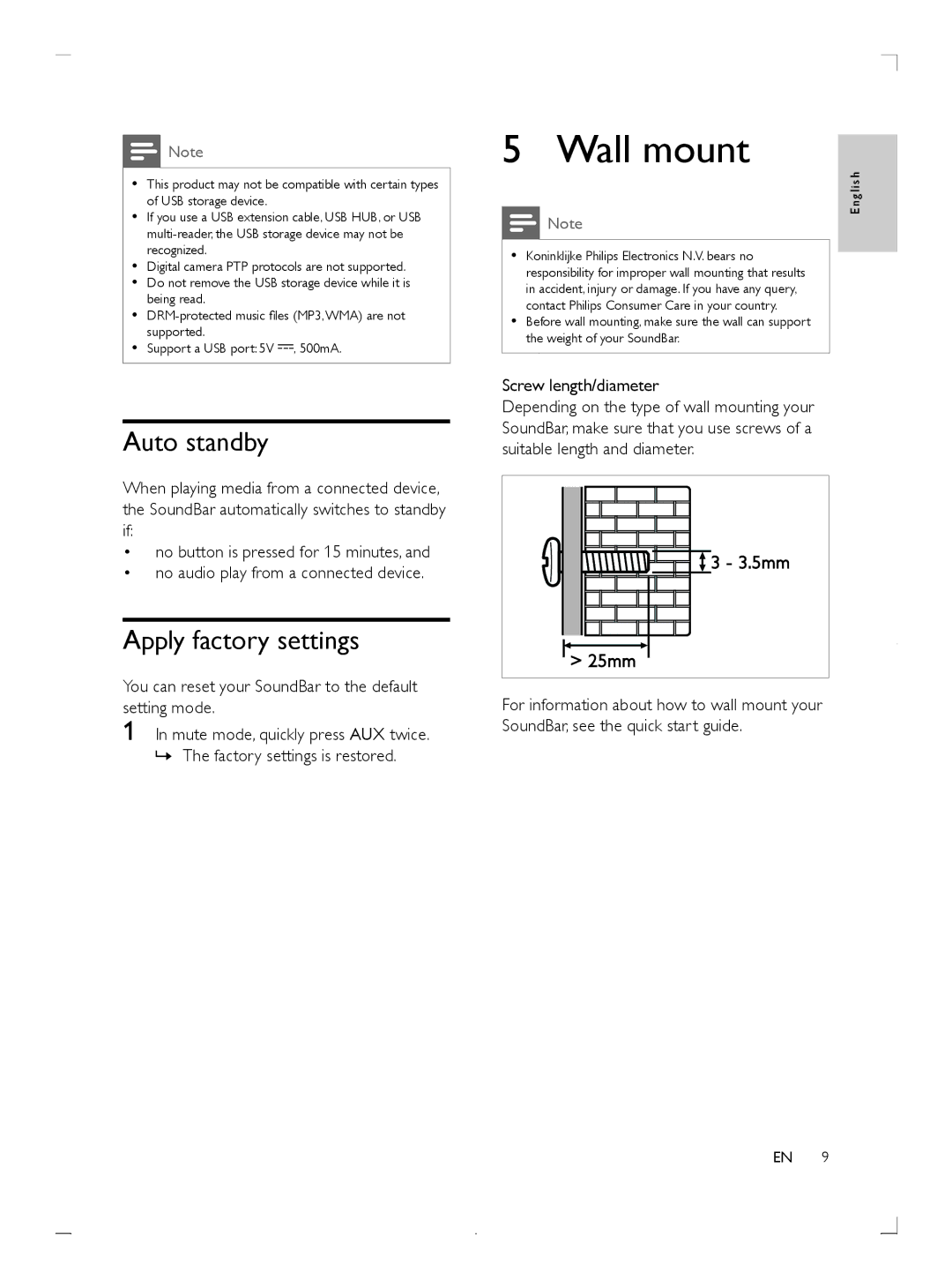 Philips HTL2151F7 manuel dutilisation Wall mount, Auto standby, Apply factory settings, Screw length/diameter 