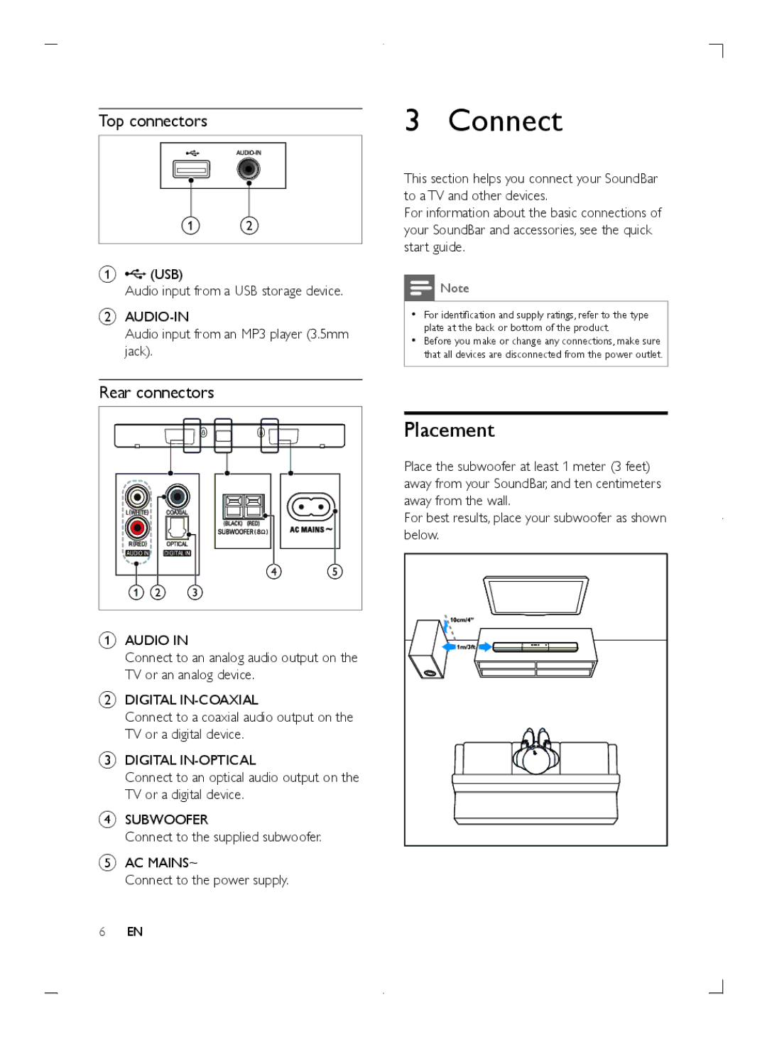 Philips HTL2151F7 manuel dutilisation Connect, Placement, Top connectors, Rear connectors 