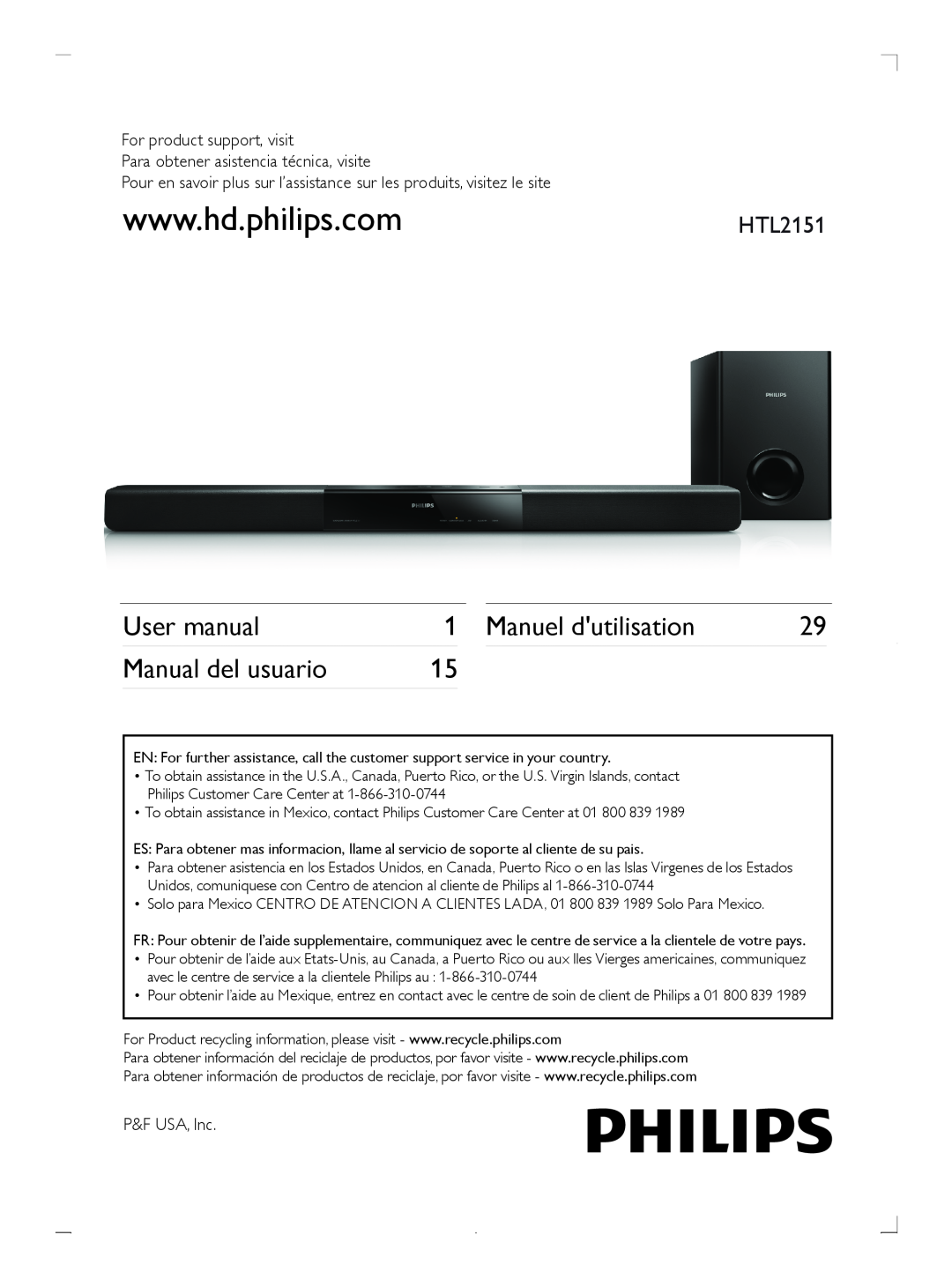Philips HTL2151F7 manuel dutilisation Manuel dutilisation, Manual del usuario 