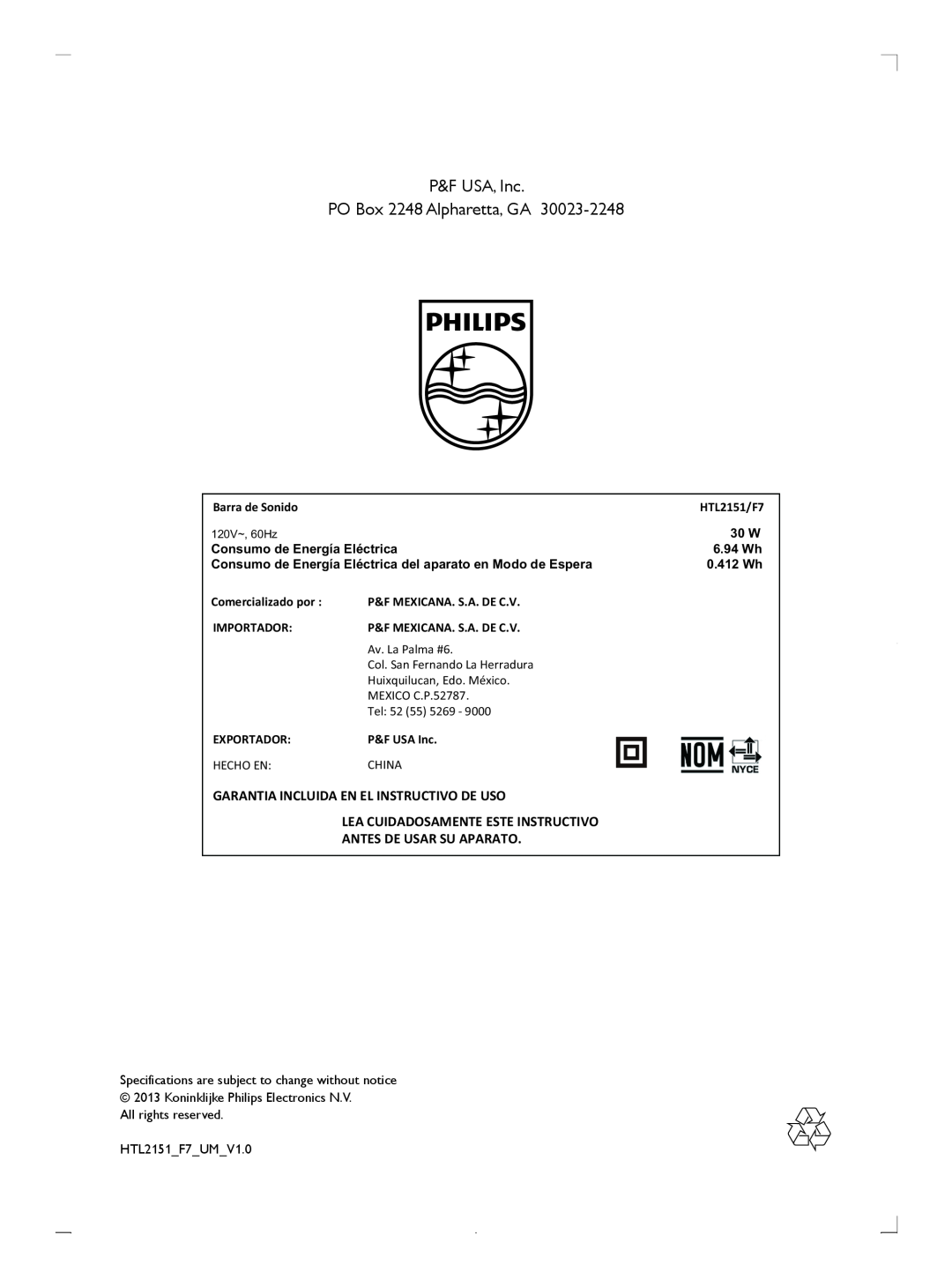 Philips HTL2151F7 Garantia Incluida En El Instructivo De Uso, Lea Cuidadosamente Este Instructivo, 30 W, 6.94 Wh, 0.412 Wh 