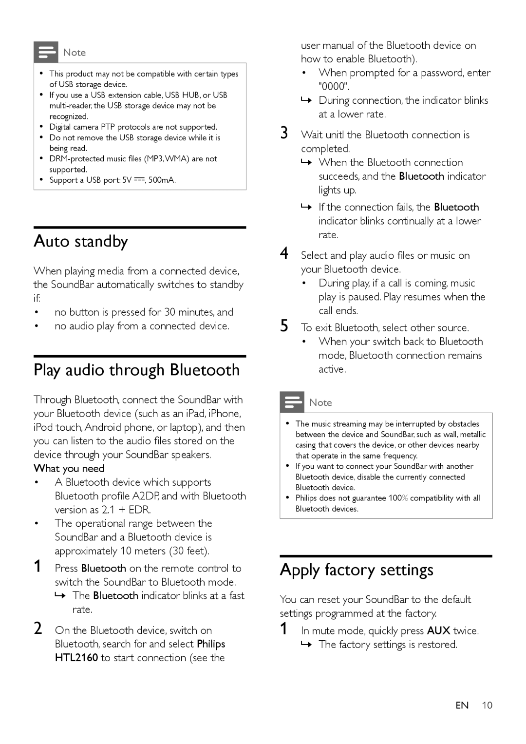 Philips HTL2160 user manual Auto standby, Play audio through Bluetooth, Apply factory settings 