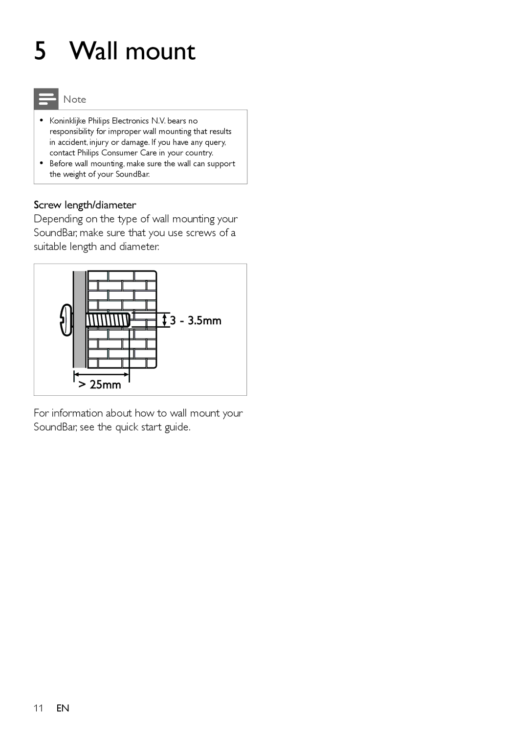 Philips HTL2160 user manual Wall mount, Screw length/diameter 