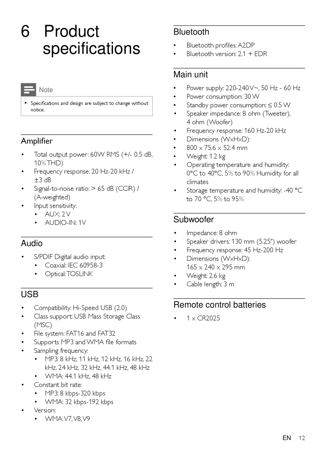 Philips HTL2160 user manual Amplifier, Audio, Bluetooth, Main unit, Subwoofer, Remote control batteries 