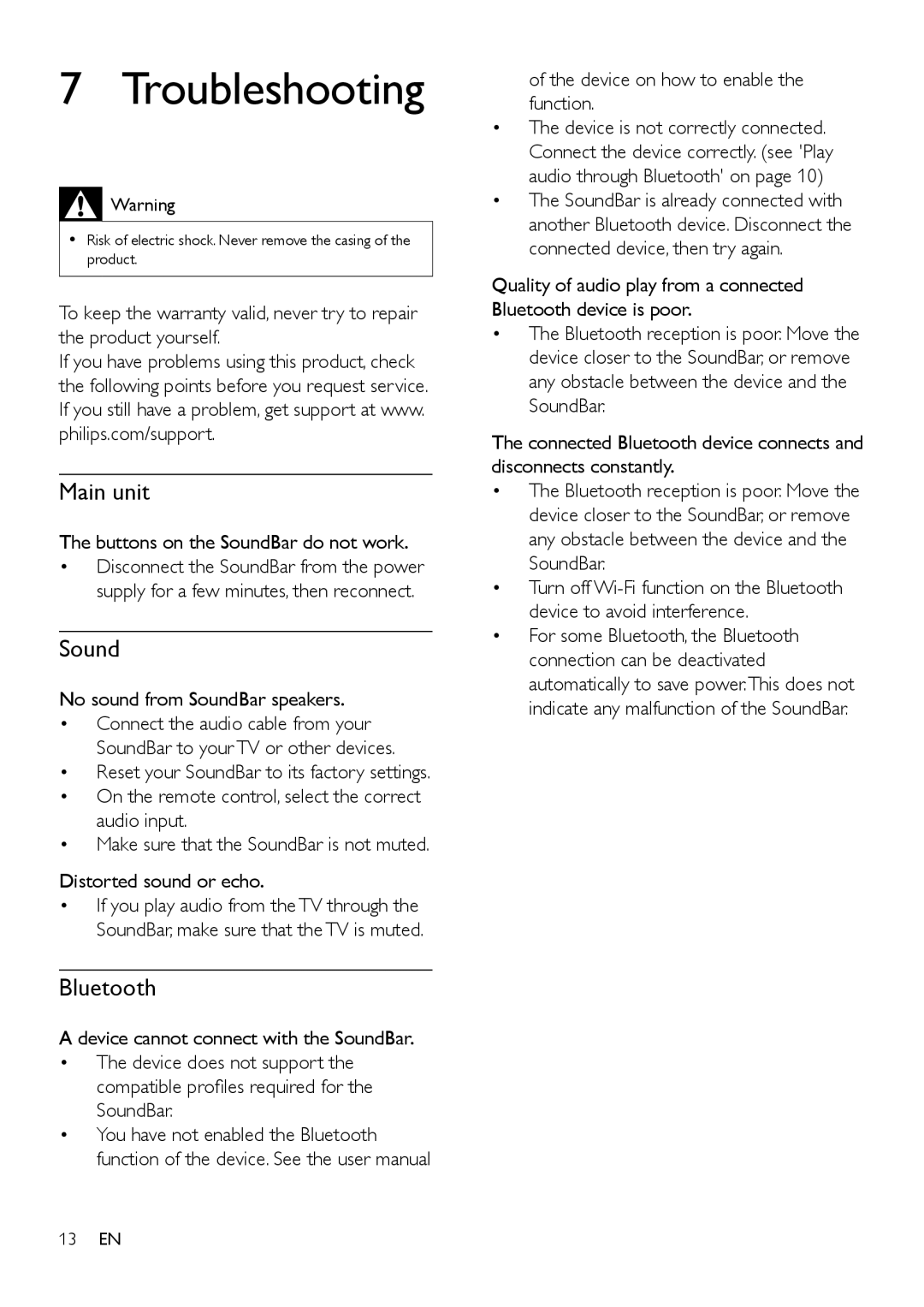 Philips HTL2160 user manual Troubleshooting, Sound 