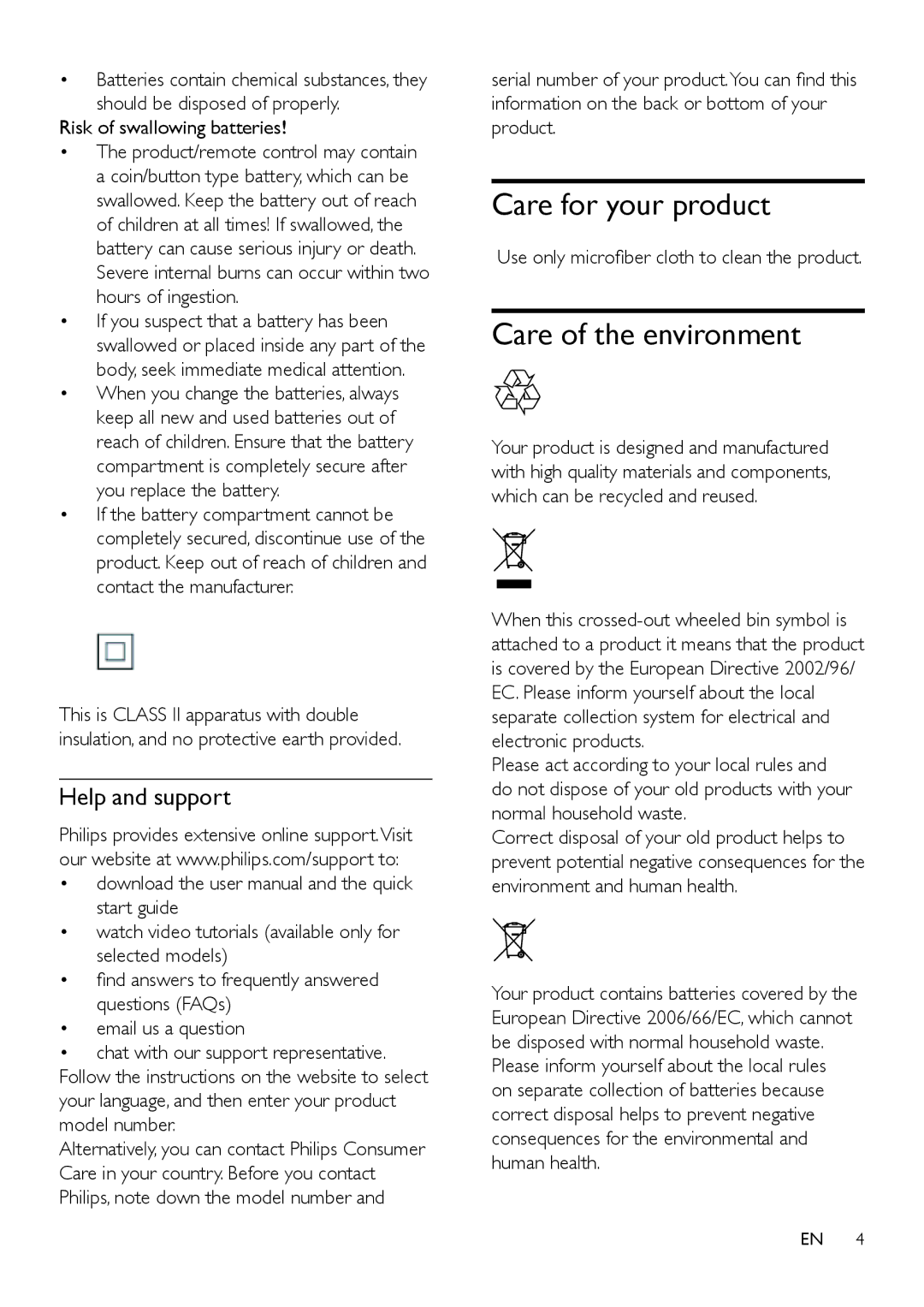 Philips HTL2160 user manual Care for your product, Care of the environment, Help and support, Risk of swallowing batteries 