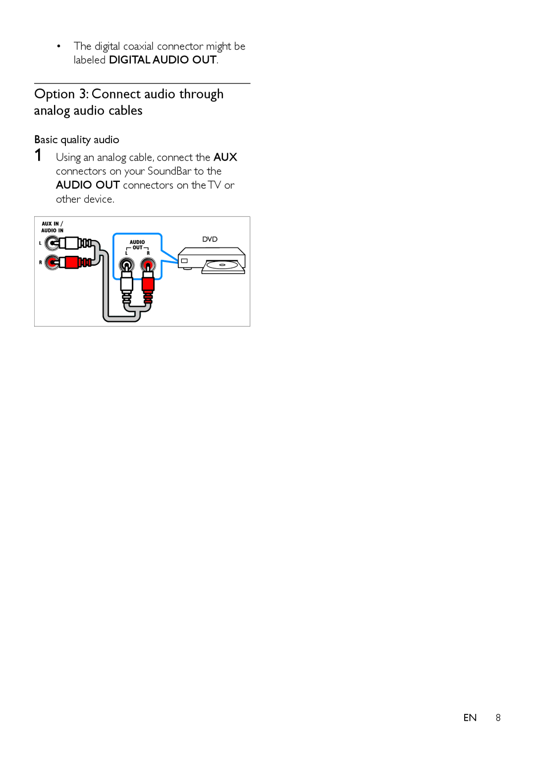 Philips HTL2160 user manual Option 3 Connect audio through analog audio cables 