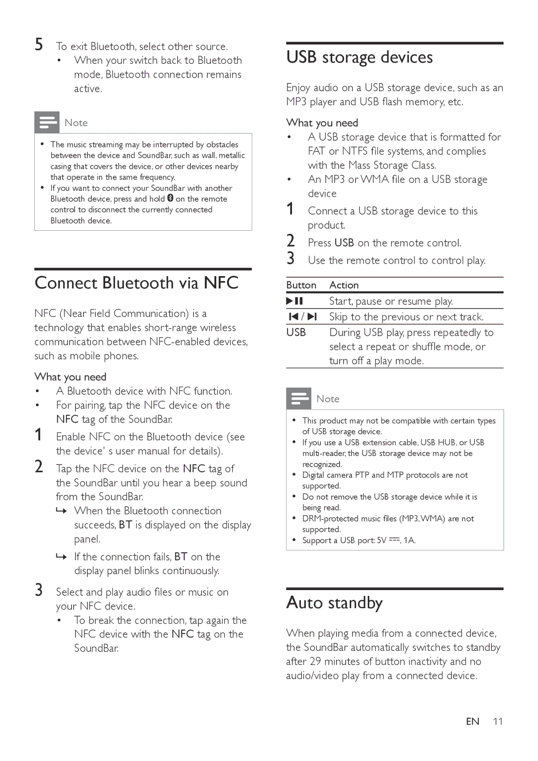 Philips HTL3110B user manual Connect Bluetooth via NFC, USB storage devices, Auto standby, What you need 