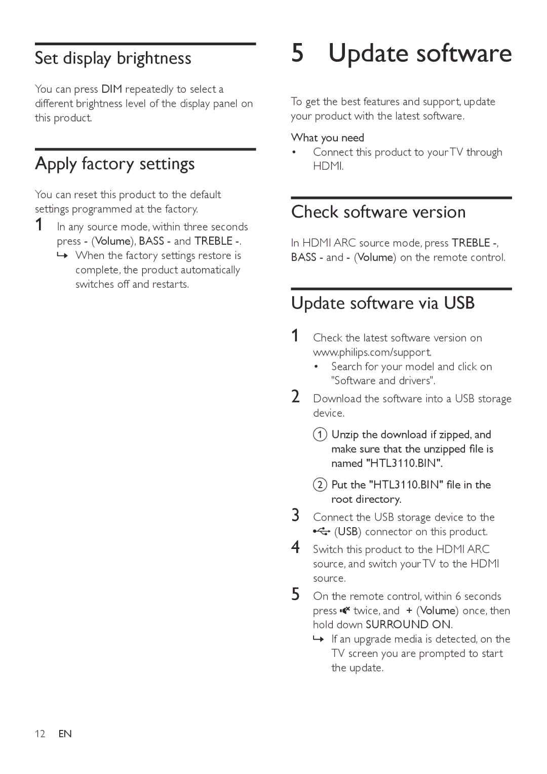 Philips HTL3110B user manual Update software, Set display brightness, Apply factory settings, Check software version 