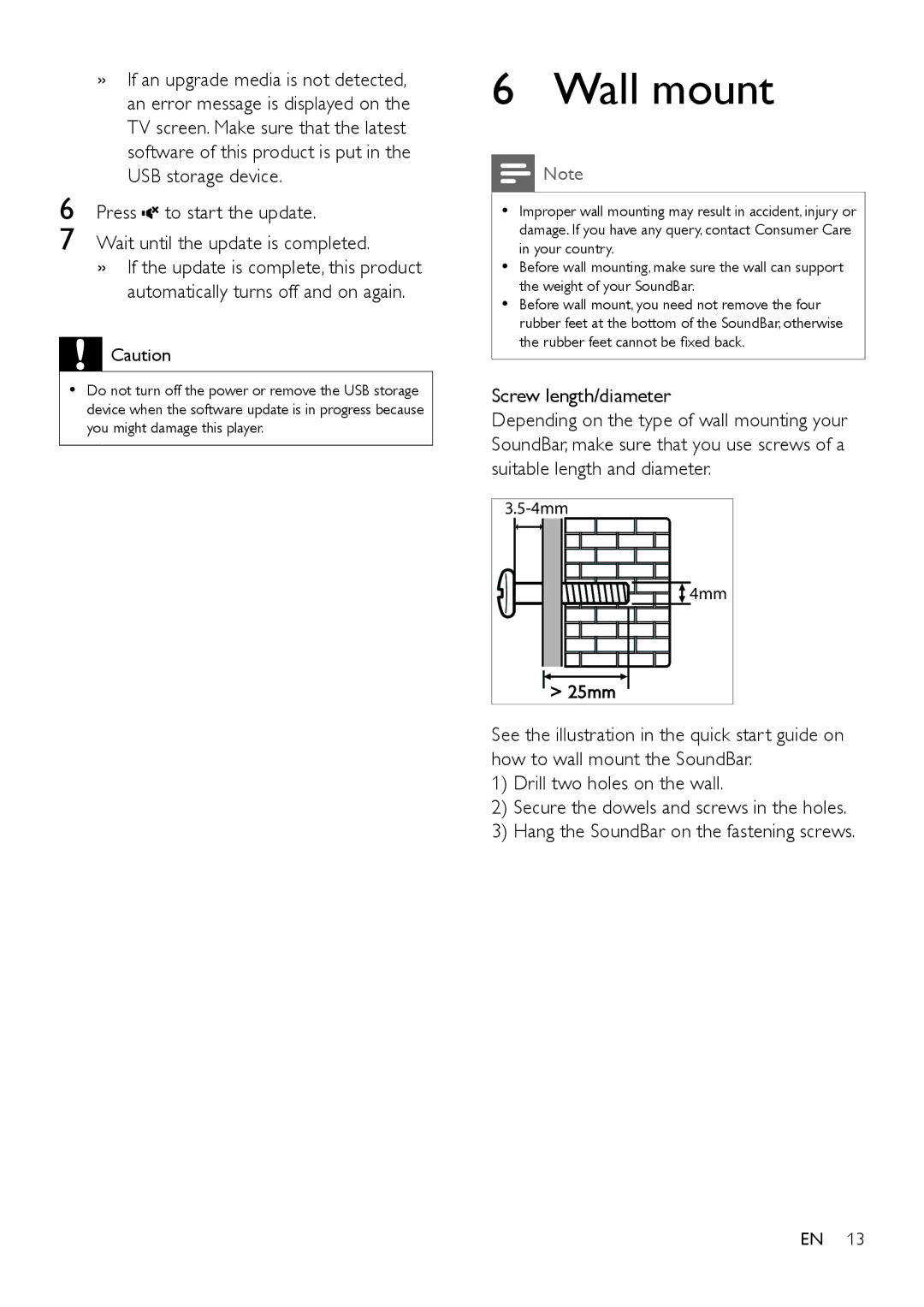 Philips HTL3110B user manual Wall mount, Screw length/diameter 